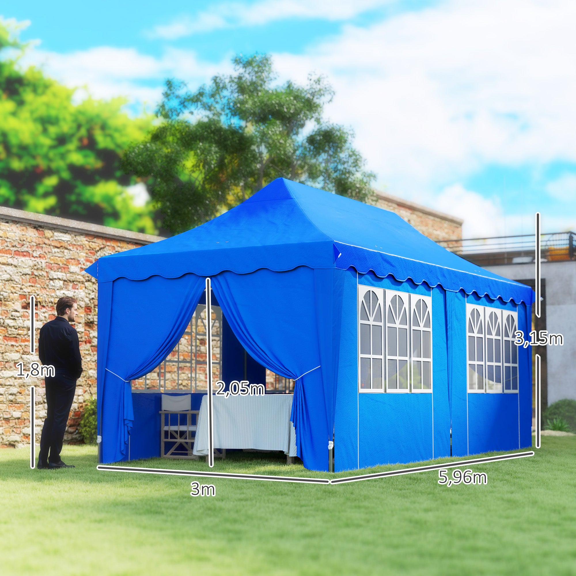 Outsunny Carpa Plegable Pop-up Gazebo 6x3x3,15 m Cenador Plegable con 6 Paredes Laterales Anti-UV Altura Ajustable Bolsa de Arena y Bolsa de Transporte para Camping Fiestas Azul