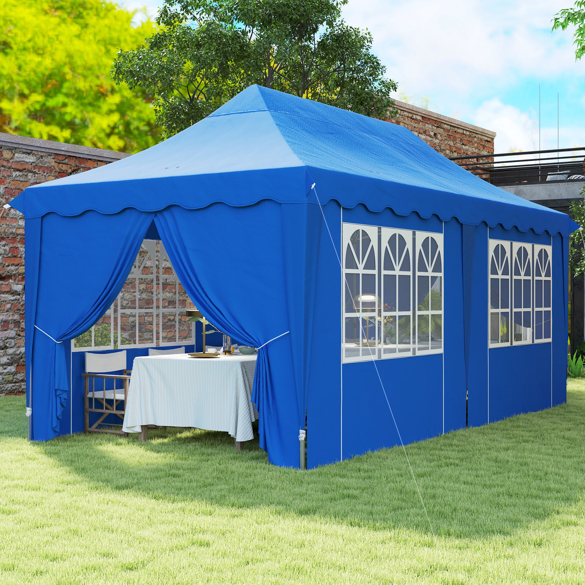 Outsunny Carpa Plegable Pop-up Gazebo 6x3x3,15 m Cenador Plegable con 6 Paredes Laterales Anti-UV Altura Ajustable Bolsa de Arena y Bolsa de Transporte para Camping Fiestas Azul