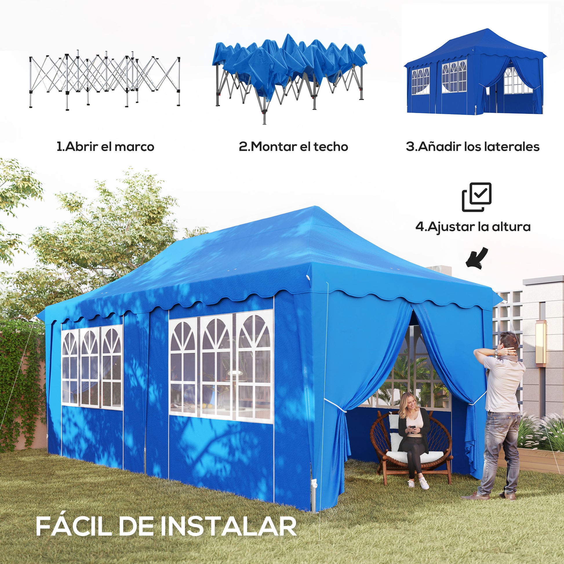 Outsunny Carpa Plegable Pop-up Gazebo 6x3x3,15 m Cenador Plegable con 6 Paredes Laterales Anti-UV Altura Ajustable Bolsa de Arena y Bolsa de Transporte para Camping Fiestas Azul