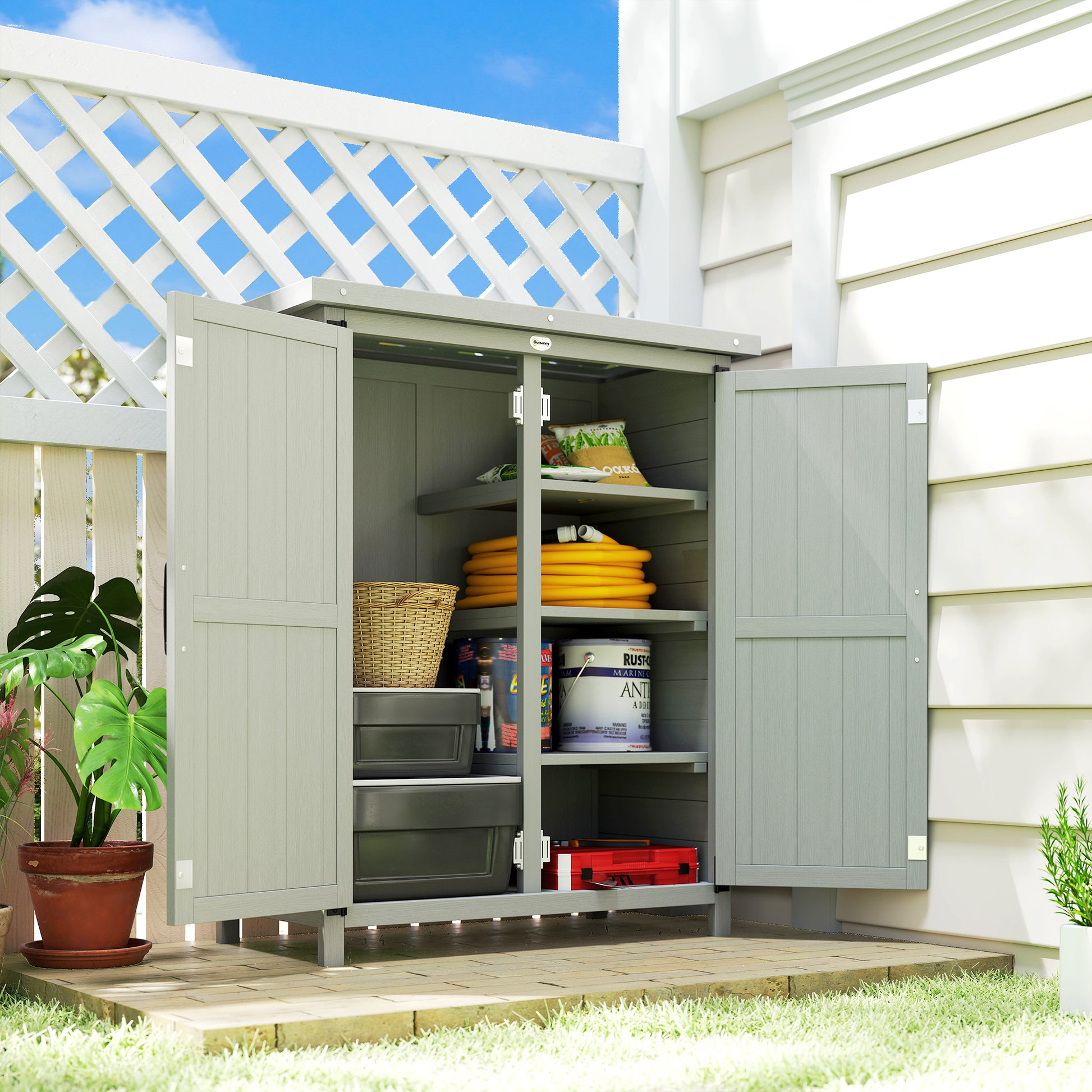 Outsunny Caseta de Jardín de Madera, 75x40x90 cm, Cobertizo Jardín Exterior, Armario para Almacenaje de Herramientas, con 4 Estantes, 2 Puertas y Techo de Acero Galvanizado, Gris
