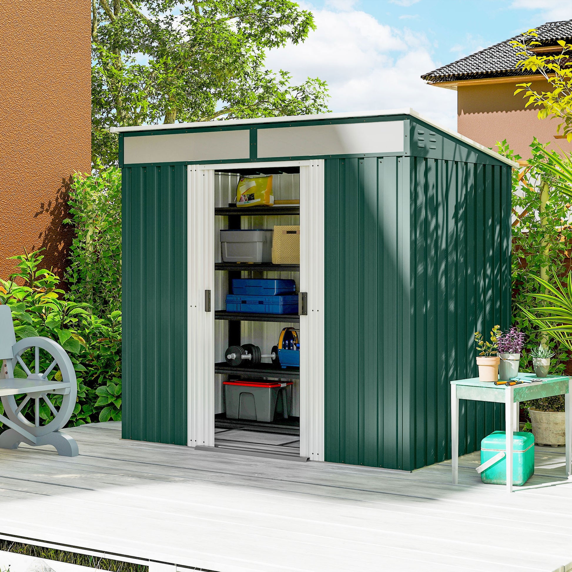 Outsunny Caseta de Jardín Exterior 2 m² 195x122x181,5 cm Cobertizo de Jardín Exterior Metálica con Base SIN SUELO 2 Puertas Correderas Ventanas y Ganchos para Herramientas Verde
