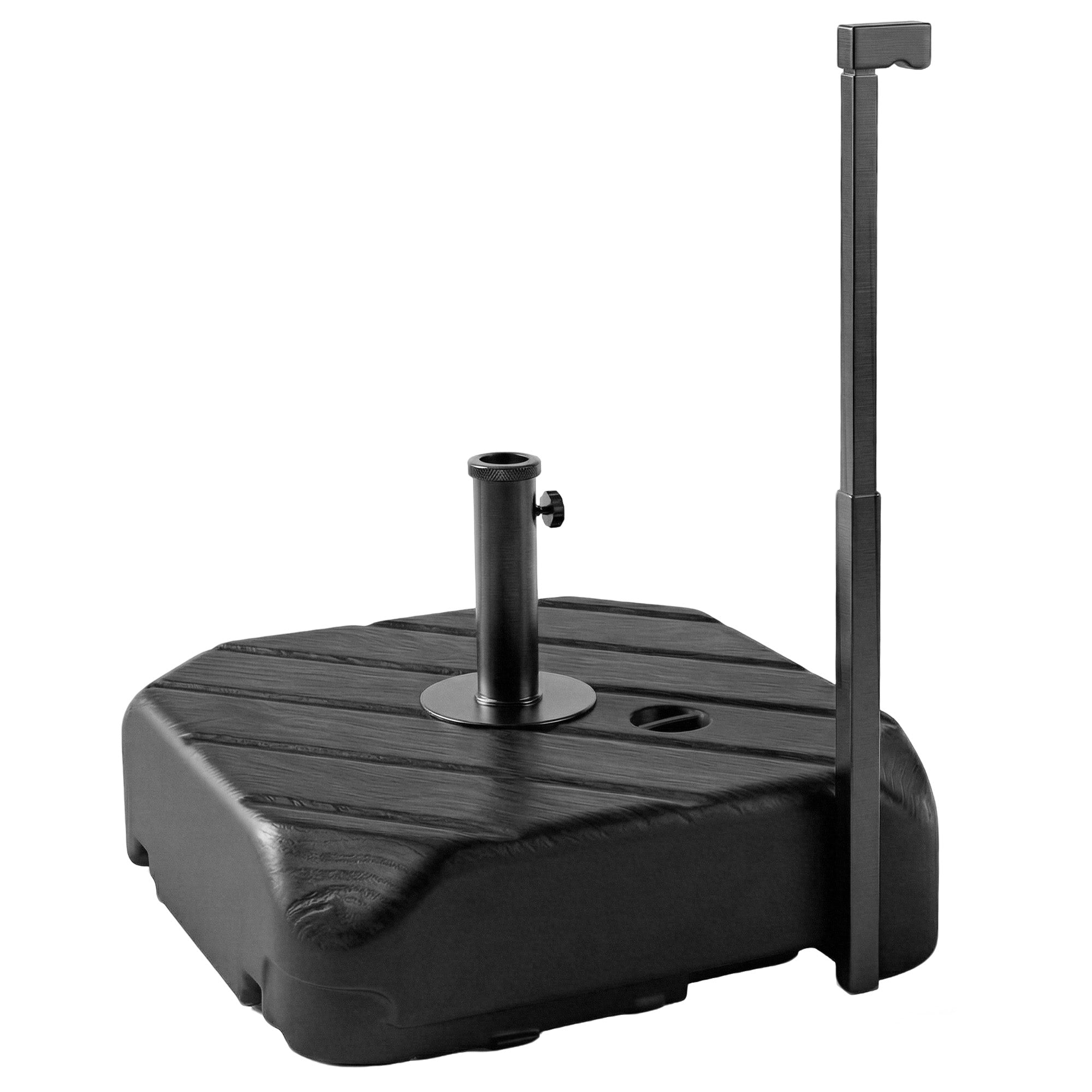 Outsunny Base para Sombrilla con Ruedas, Soporte de Parasol de HDPE, Pie para Sombrilla con Postes Ø38 mm, Ø48 mm, Rellenable de Arena 72 kg o Agua 45 Litros, con Asa Telescópica, para Jardín, Patio, Terraza, Negro