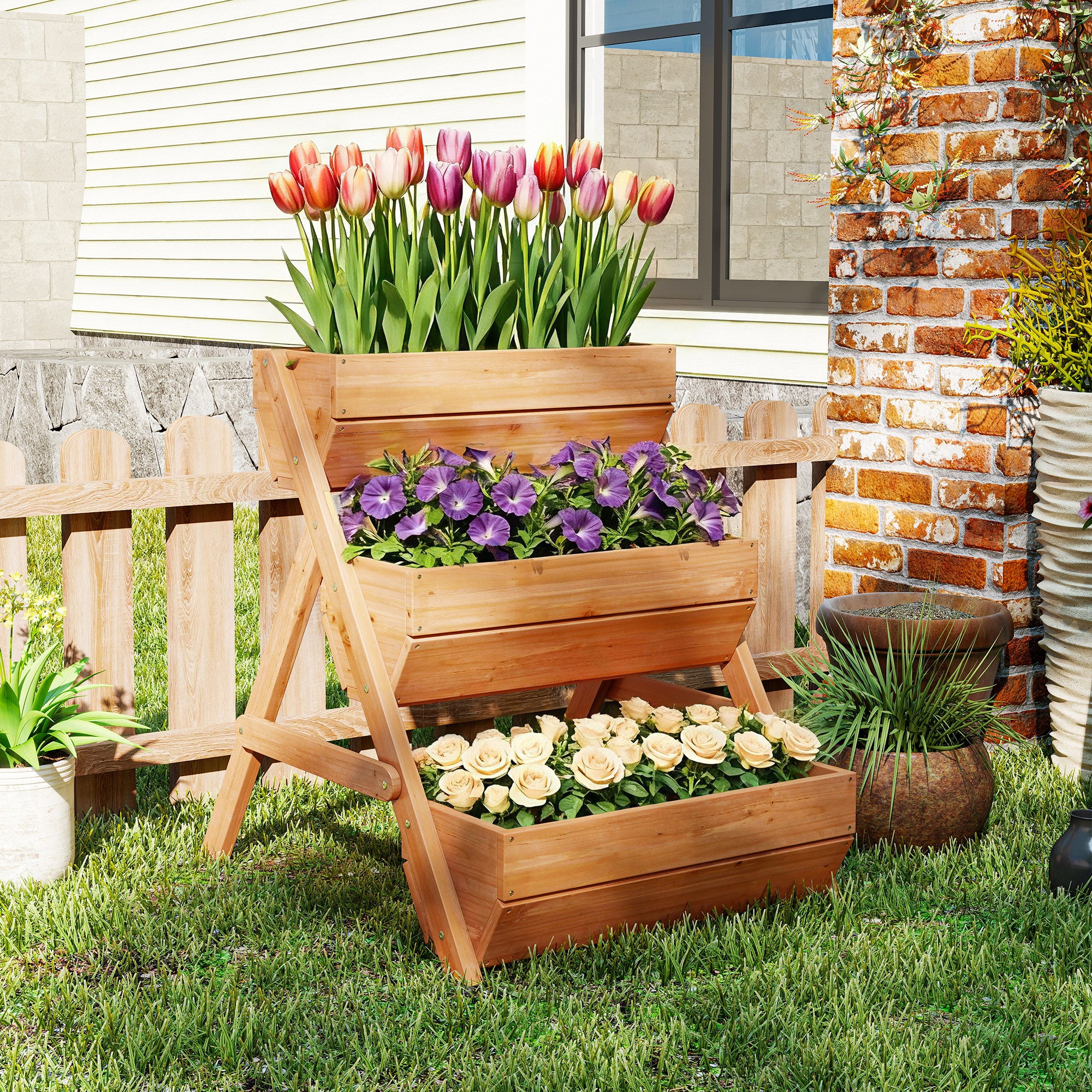 Outsunny Jardinera de Madera de 3 Niveles, Jardinera Elevada Exterior con Orificios de Drenaje, Macetero para Cultivos de Plantas, Flores, para Terraza, Jardín, 65x75x76 cm, Marrón