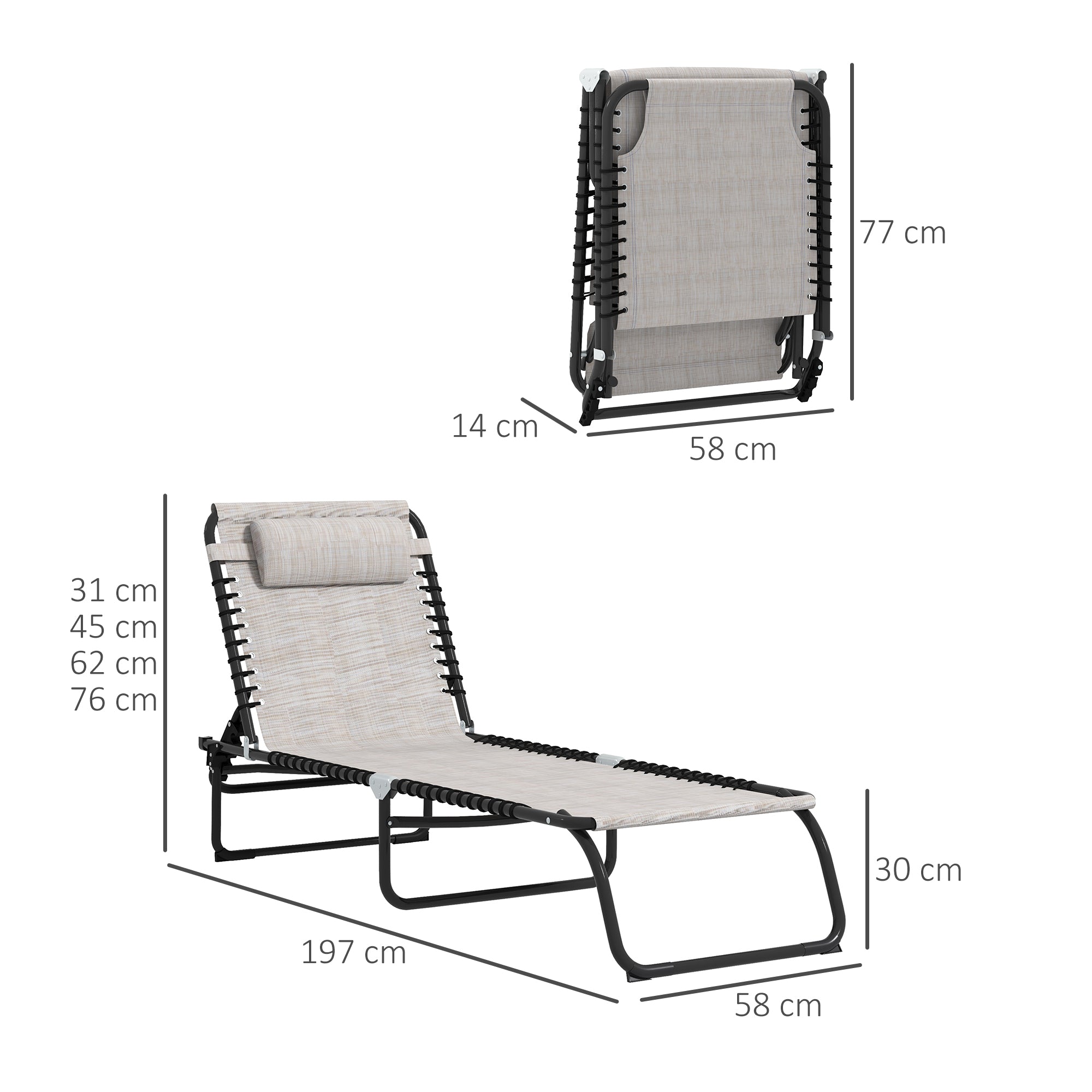 Outsunny Conjunto de 2 Tumbonas Plegables Tumbonas de Jardín con Respaldo Ajustable en 4 Posiciones Carga 120 kg para Terraza Piscina Playa 197x58x30 cm Crema
