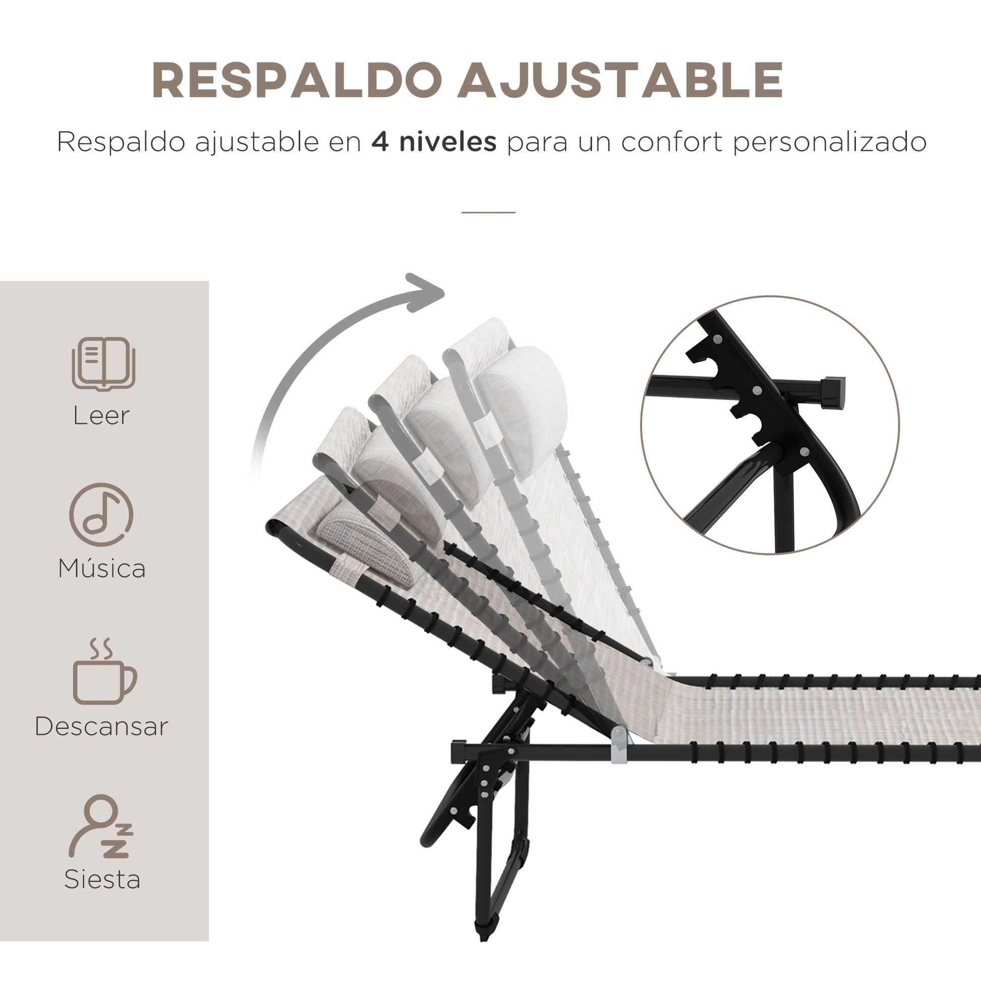 Outsunny Conjunto de 2 Tumbonas Plegables Tumbonas de Jardín con Respaldo Ajustable en 4 Posiciones Carga 120 kg para Terraza Piscina Playa 197x58x30 cm Crema