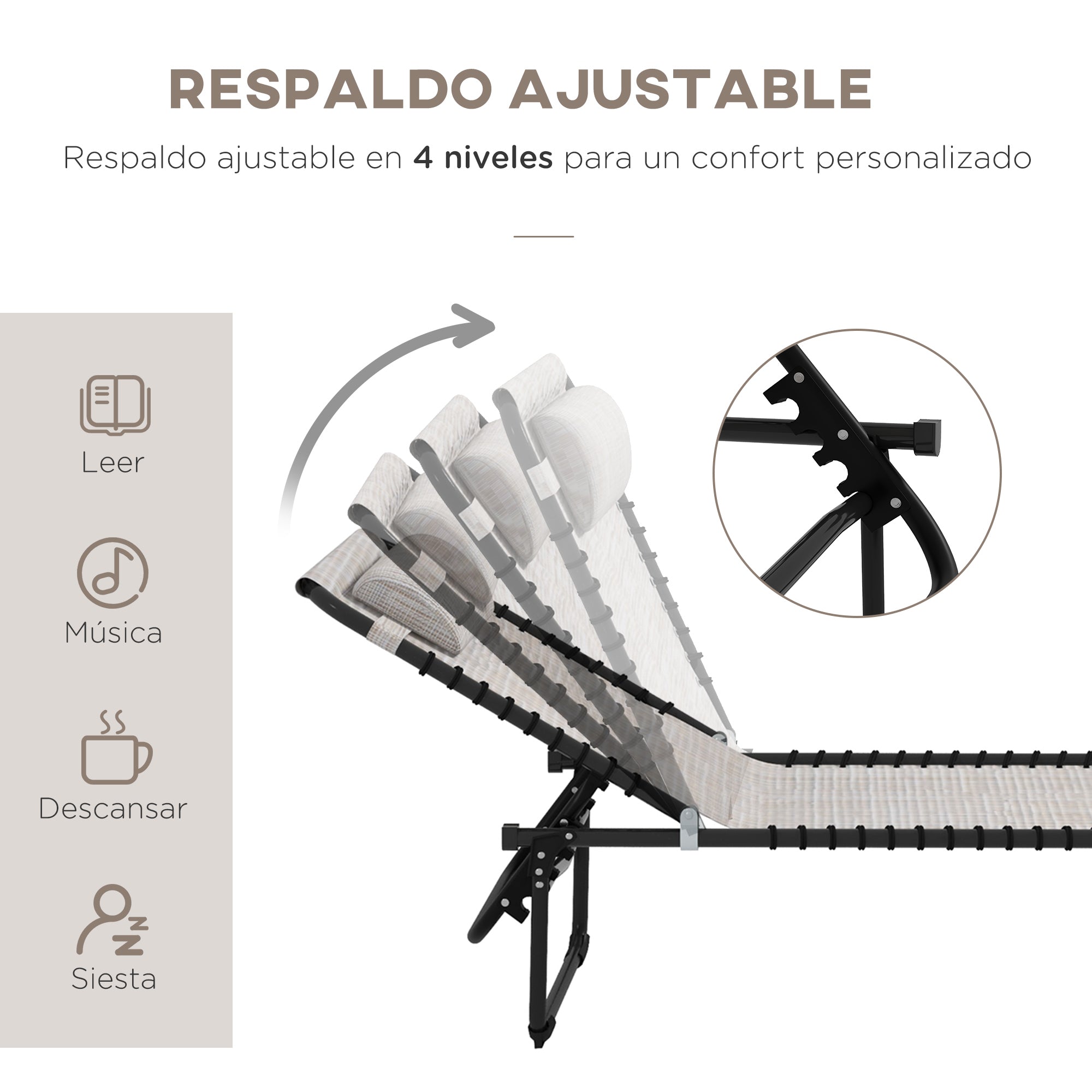 Outsunny Conjunto de 2 Tumbonas Plegables Tumbonas de Jardín con Respaldo Ajustable en 4 Posiciones Carga 120 kg para Terraza Piscina Playa 197x58x30 cm Crema