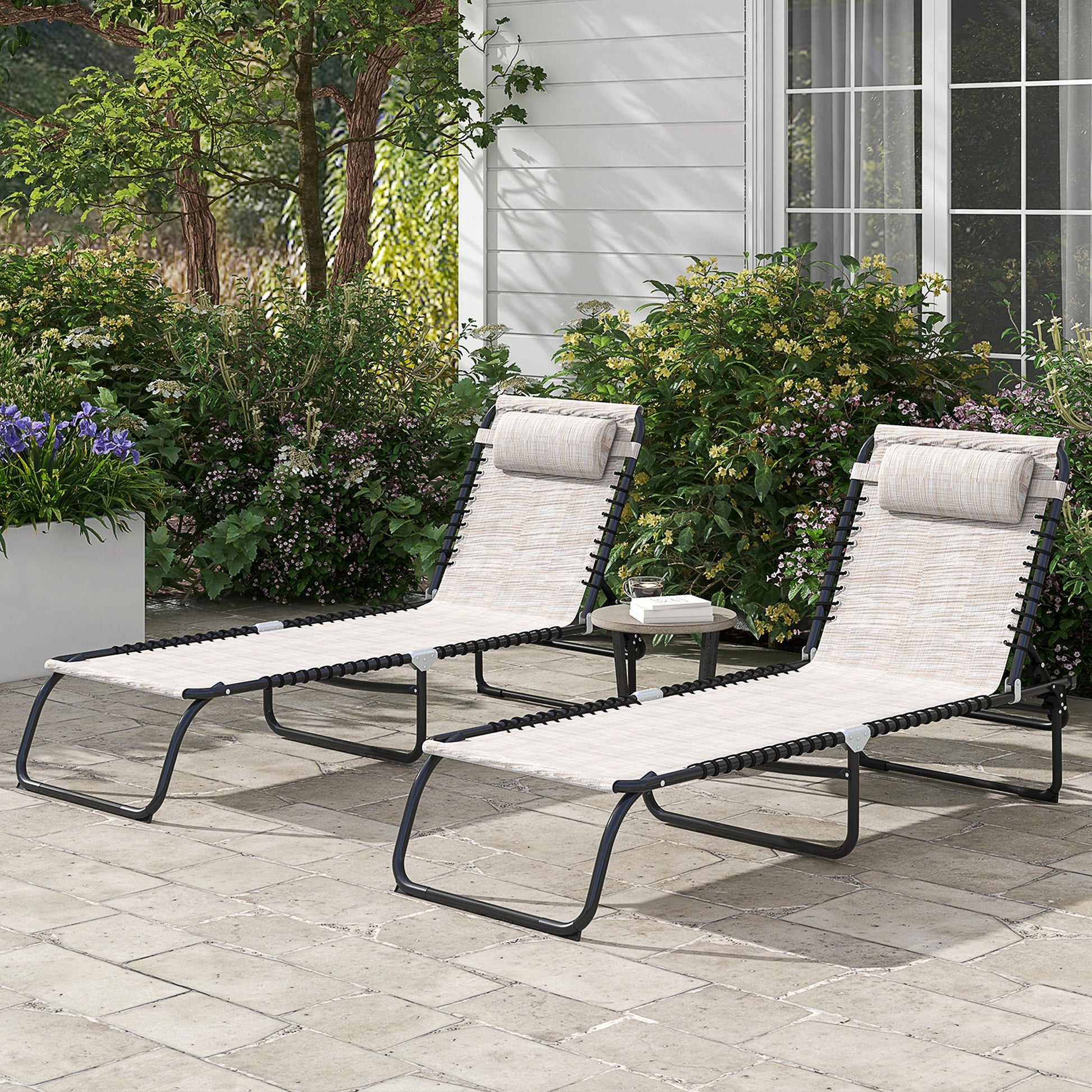 Outsunny Conjunto de 2 Tumbonas Plegables Tumbonas de Jardín con Respaldo Ajustable en 4 Posiciones Carga 120 kg para Terraza Piscina Playa 197x58x30 cm Crema