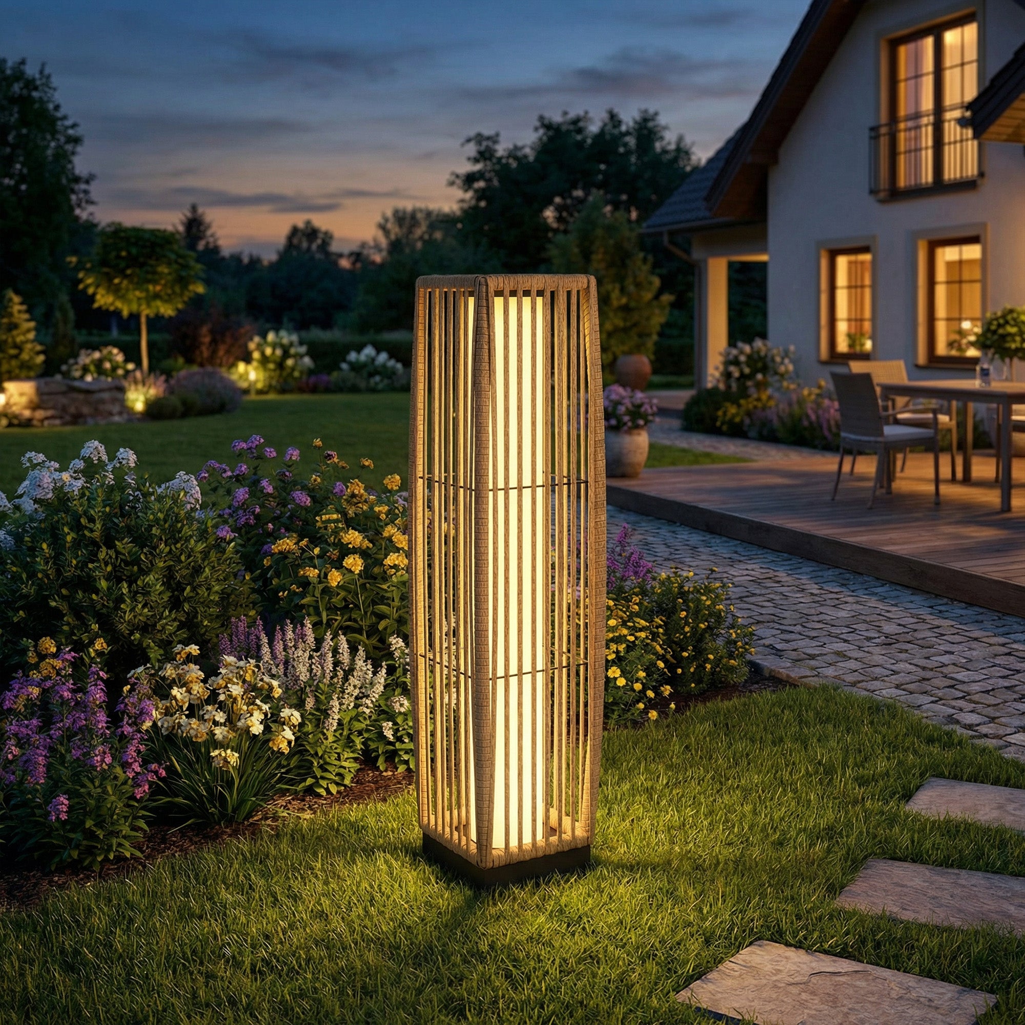Outsunny Linterna de Jardín de Ratán, Farola Solar Exterior con Luces LED Encendido y Apagado Automático, Impermeable, IP44, Lámpara de pie para Terraza, Balcón, Patio, 19x19x68 cm, Arena