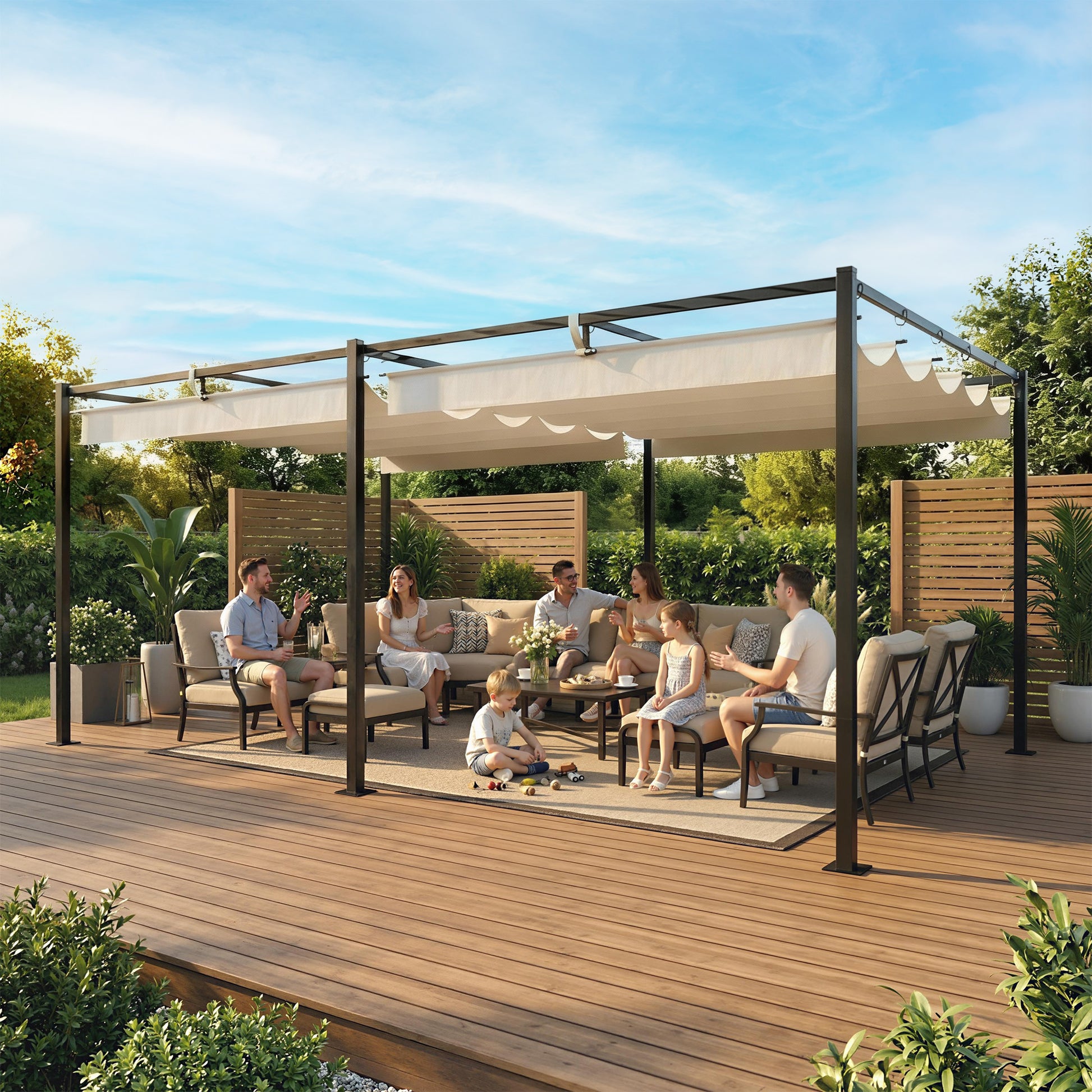 Outsunny Pérgola de Jardín 6x3 m con Techo Retráctil, Cenador de Jardín con Protección UPF50+, Drenaje, Estructura Metálica, Pabellón para Patio, Terraza, Exterior, Blanco Crema