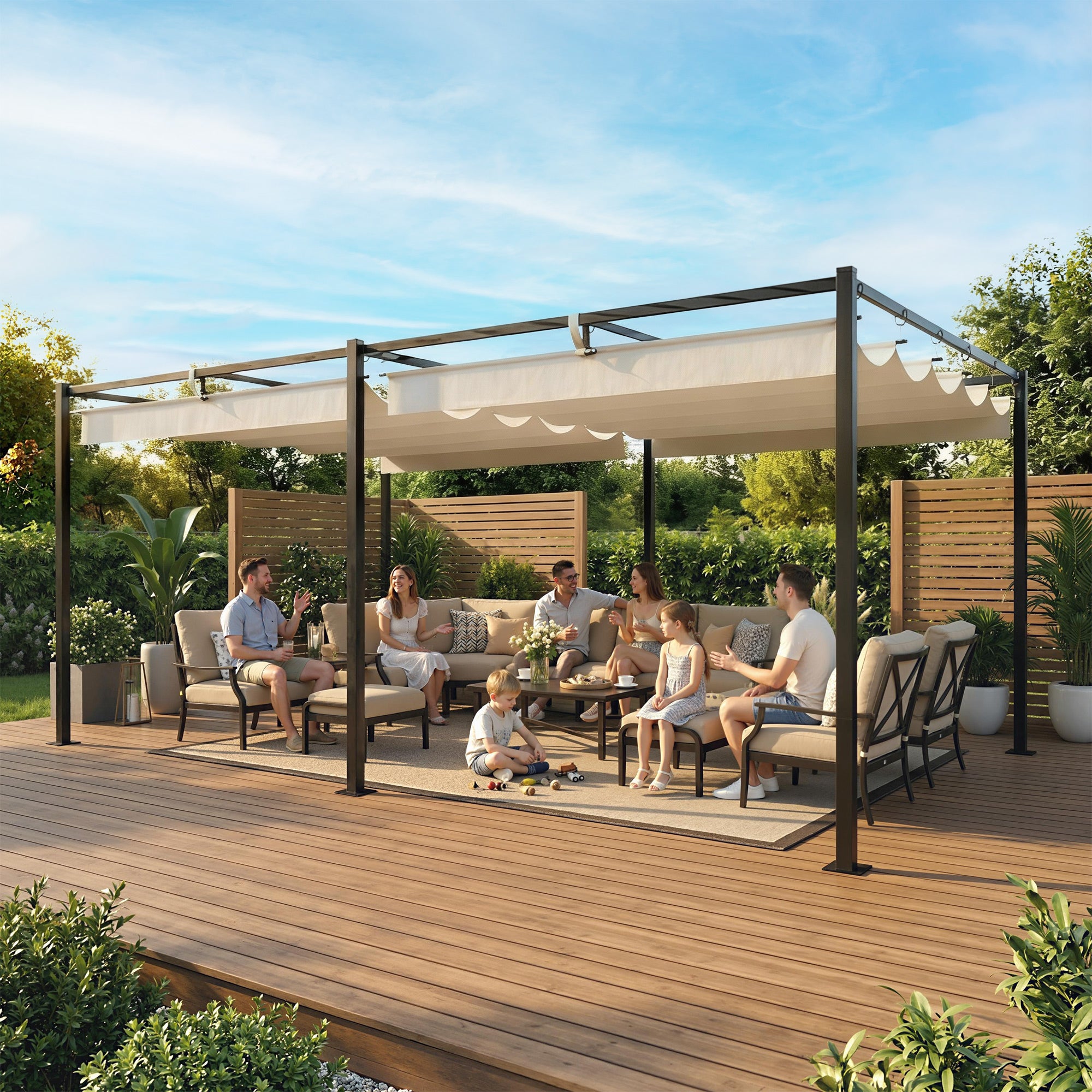 Outsunny Pérgola de Jardín 6x3 m con Techo Retráctil, Cenador de Jardín con Protección UPF50+, Drenaje, Estructura Metálica, Pabellón para Patio, Terraza, Exterior, Blanco Crema