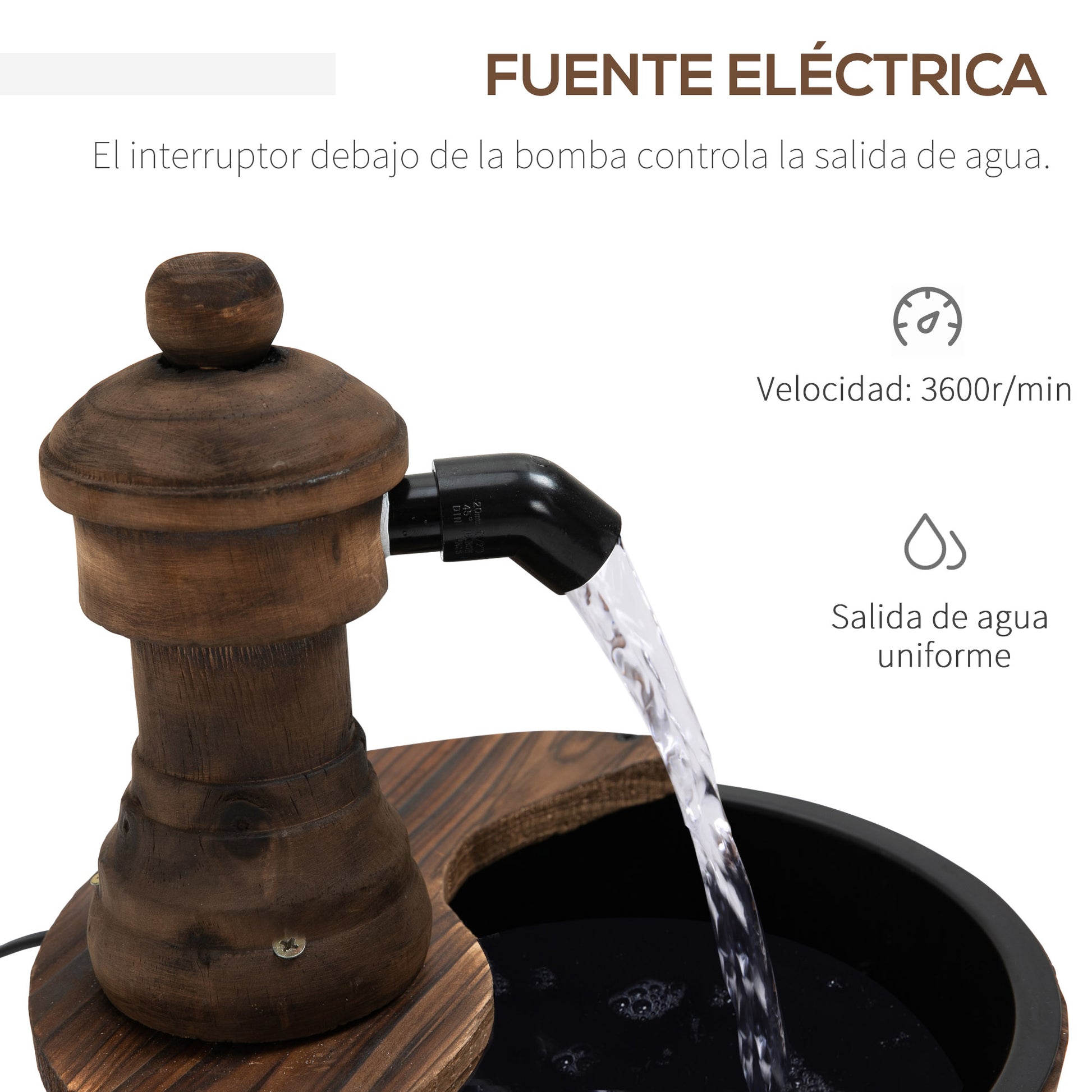 Outsunny Fuente de Agua de Madera Fuente de Jardín en Cascada con Bomba Eléctrica y Salida de Agua Ajustable para Decoración Patio Terraza 27x27x37 cm Natural