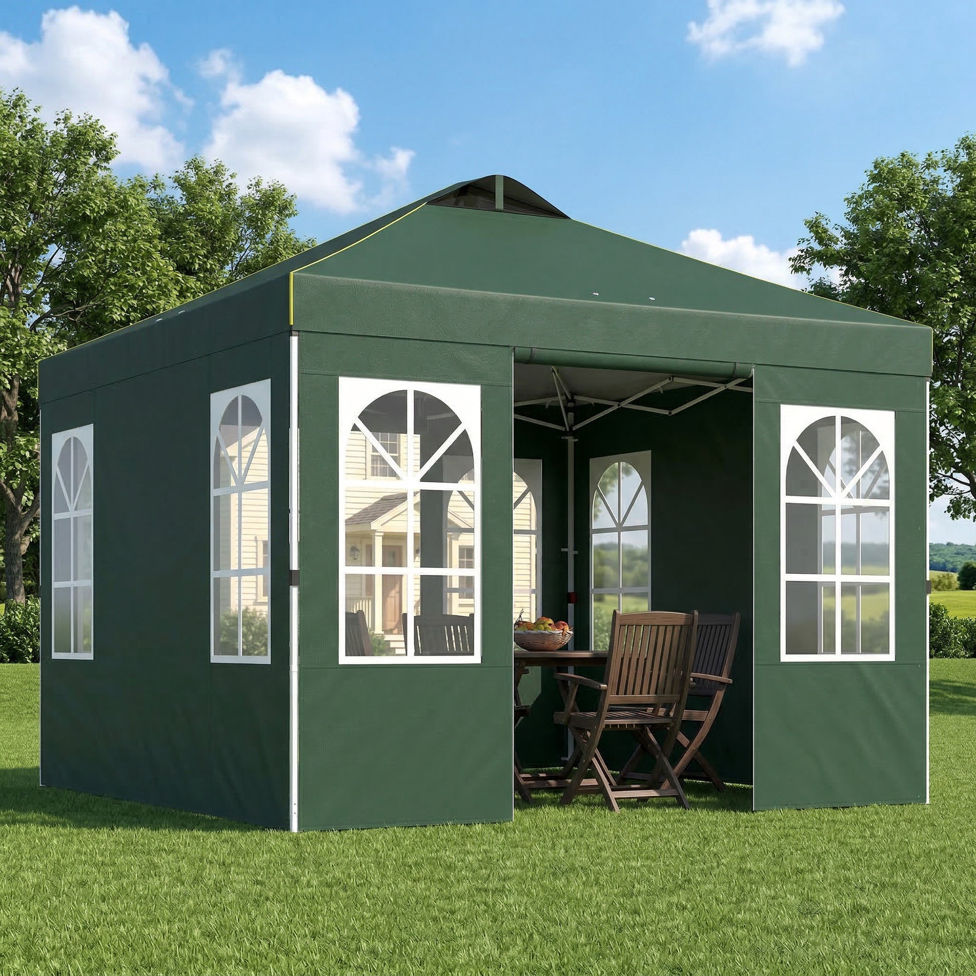 Outsunny Carpa Plegable 3x3 m, Pop-up, con 4 Laterales Extraíbles, Cenador de Jardín con UPF50+, Bloqueo Central, Altura Ajustable, Bolsa de Transporte, Sacos Arena, Gazebo para Exterior, Verde