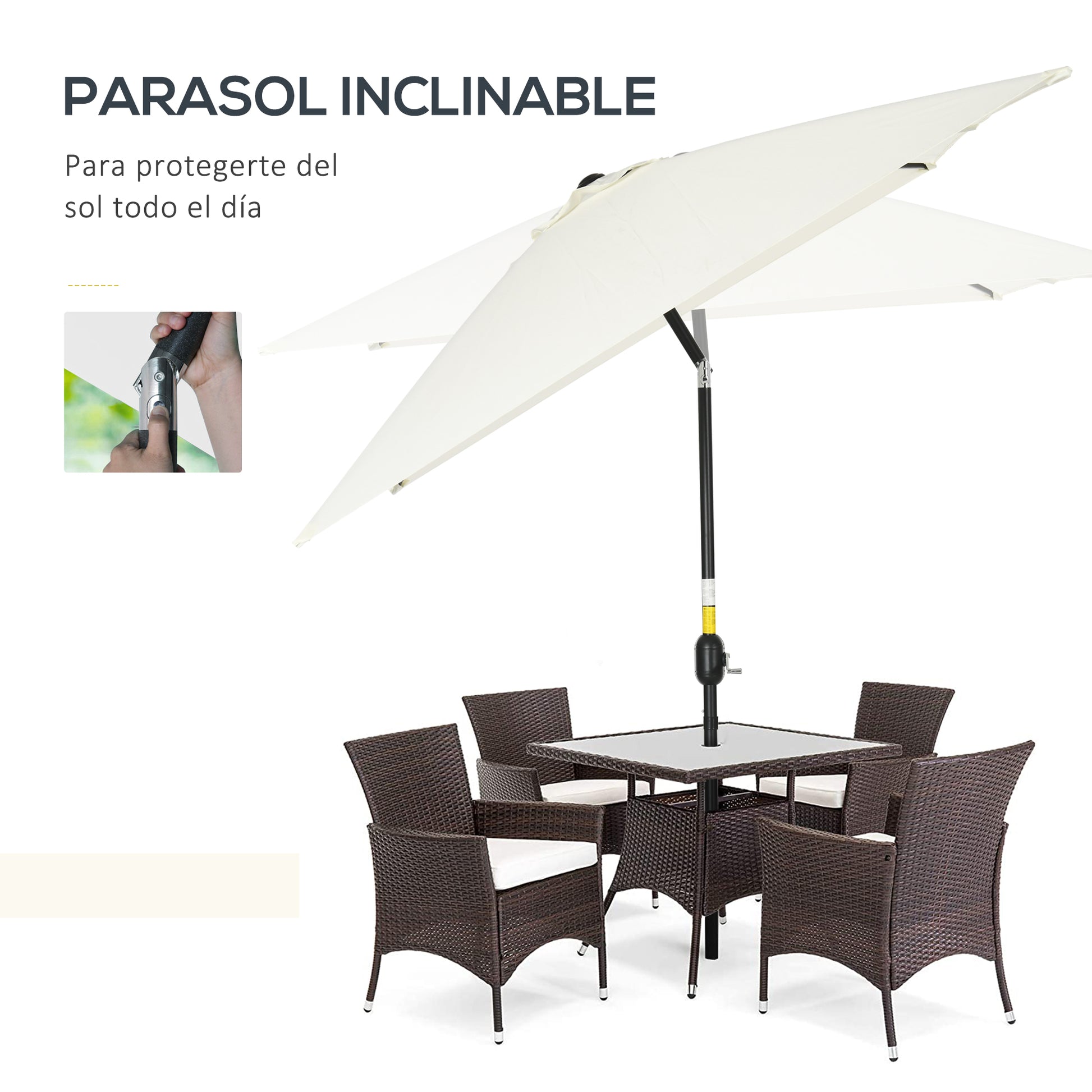 Outsunny Sombrilla de Aluminio 200x300x253 cm Parasol Rectangular de Jardín Inclinable con Manivela y Poste Desmontable Anti-UV para Terraza Piscina Patio Exterior Crema