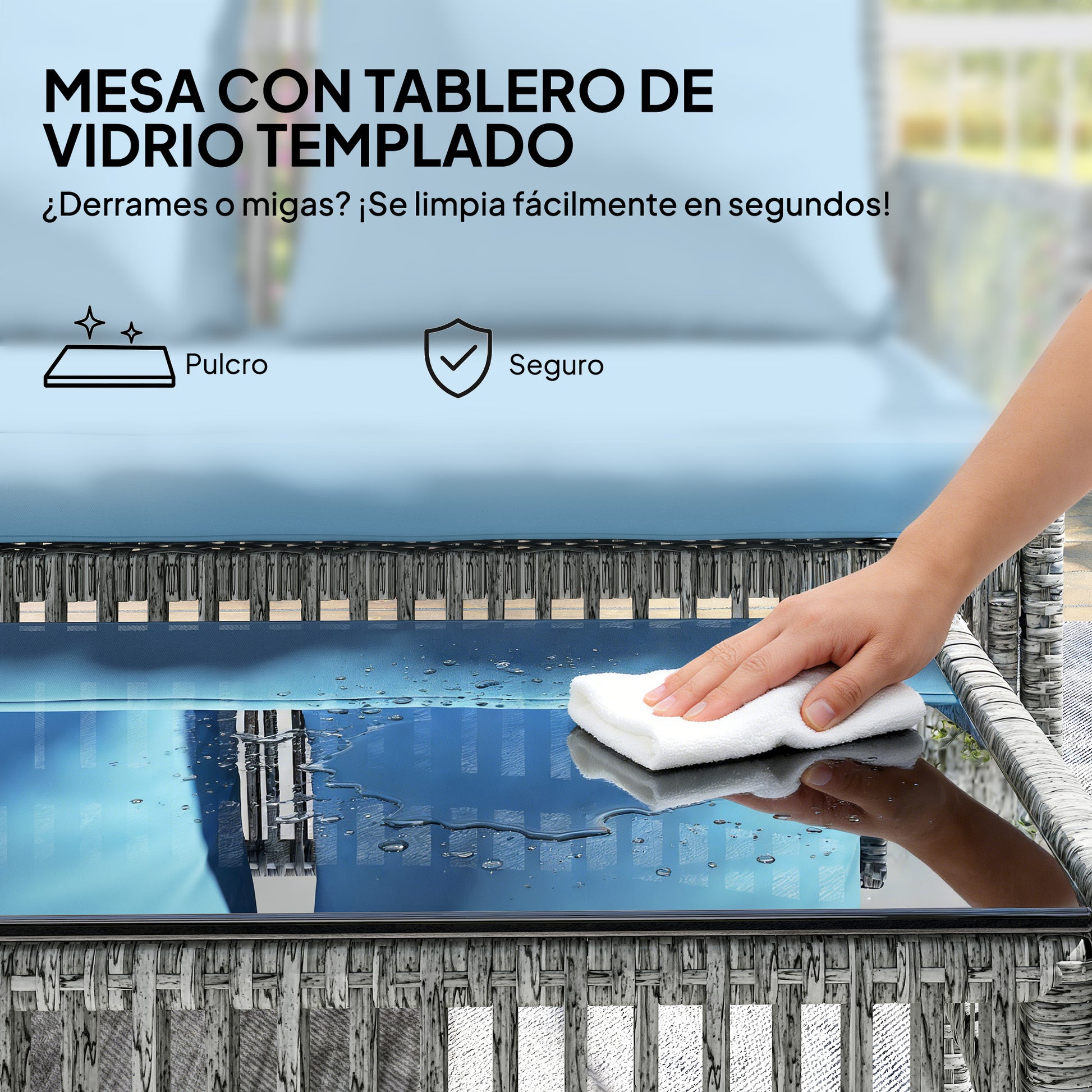 Outsunny Conjunto de Jardín de Ratán de 3 Piezas, Muebles Jardín Exterior Incluye 1 Sofá de 2 Plazas, 1 Sofá Esquinera, 1 Mesa de Centro con Tablero de Vidrio Templado, Cojines, Resistente, Azul Claro