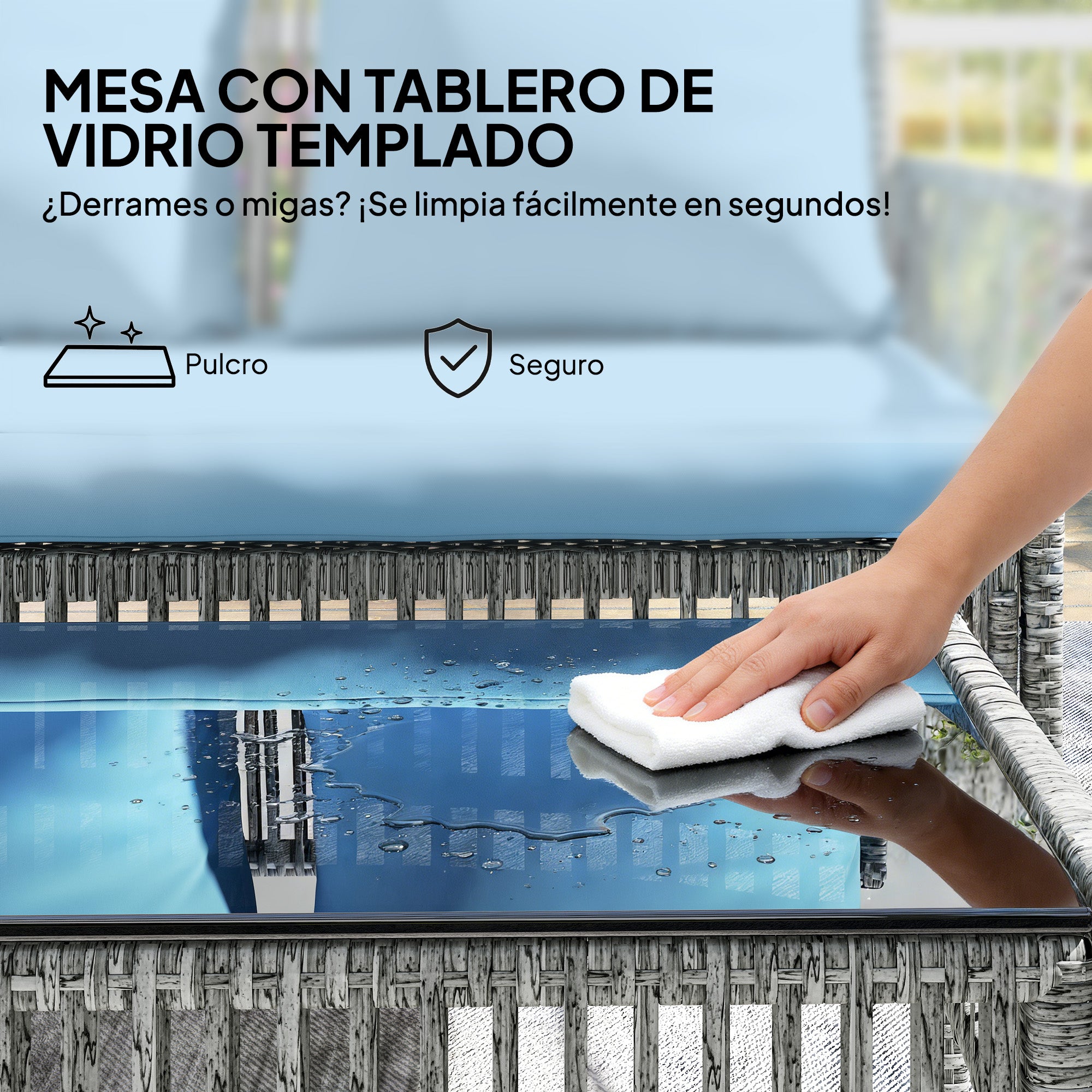 Outsunny Conjunto de Jardín de Ratán de 3 Piezas, Muebles Jardín Exterior Incluye 1 Sofá de 2 Plazas, 1 Sofá Esquinera, 1 Mesa de Centro con Tablero de Vidrio Templado, Cojines, Resistente, Azul Claro
