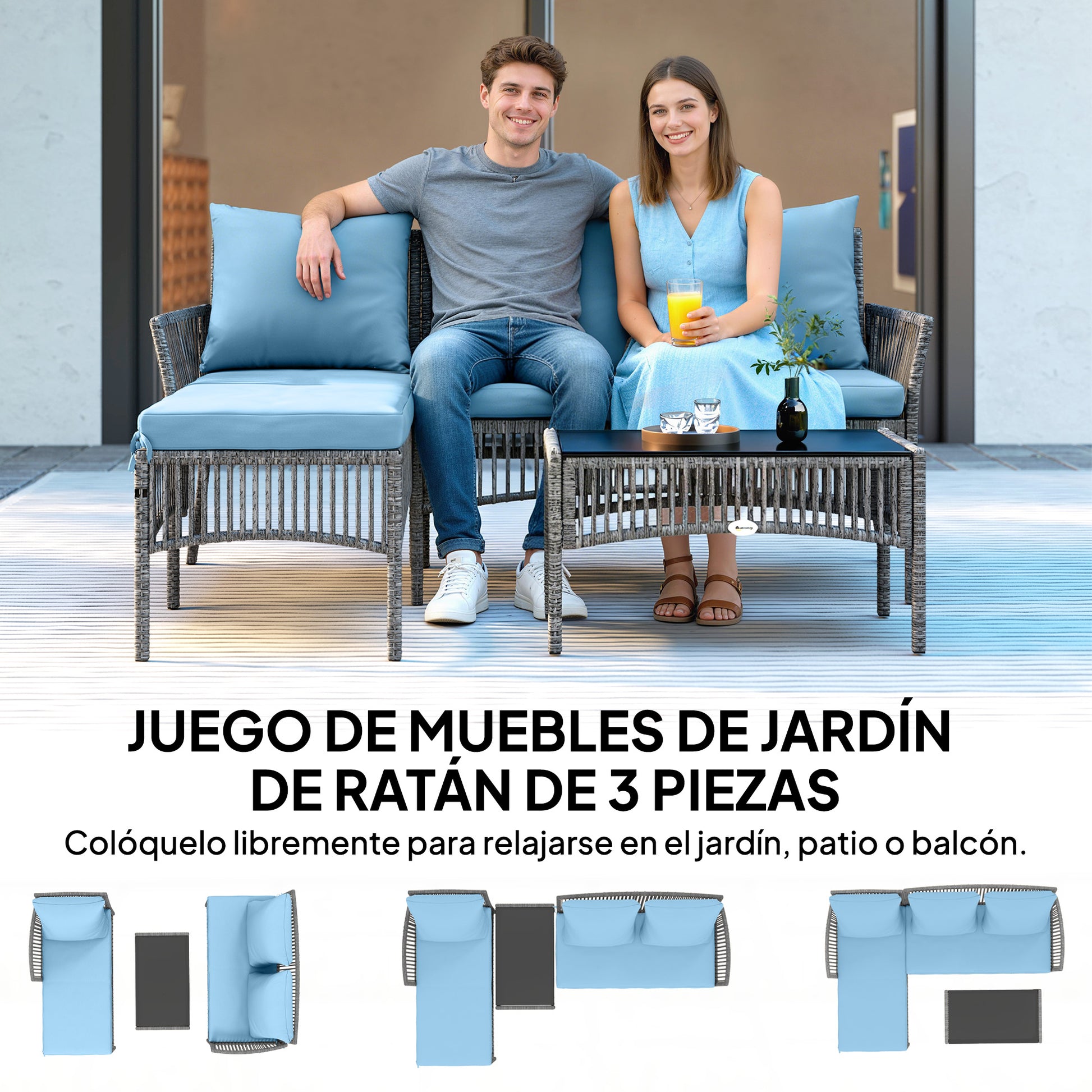 Outsunny Conjunto de Jardín de Ratán de 3 Piezas, Muebles Jardín Exterior Incluye 1 Sofá de 2 Plazas, 1 Sofá Esquinera, 1 Mesa de Centro con Tablero de Vidrio Templado, Cojines, Resistente, Azul Claro