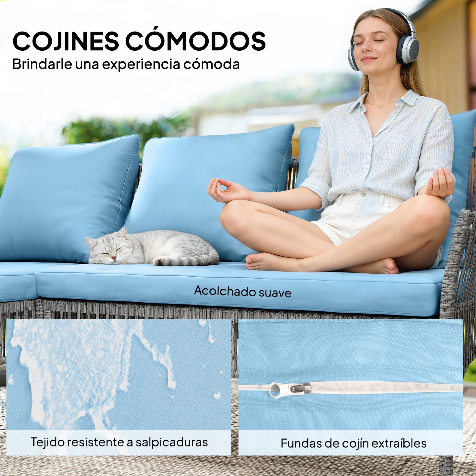Outsunny Conjunto de Jardín de Ratán de 3 Piezas, Muebles Jardín Exterior Incluye 1 Sofá de 2 Plazas, 1 Sofá Esquinera, 1 Mesa de Centro con Tablero de Vidrio Templado, Cojines, Resistente, Azul Claro