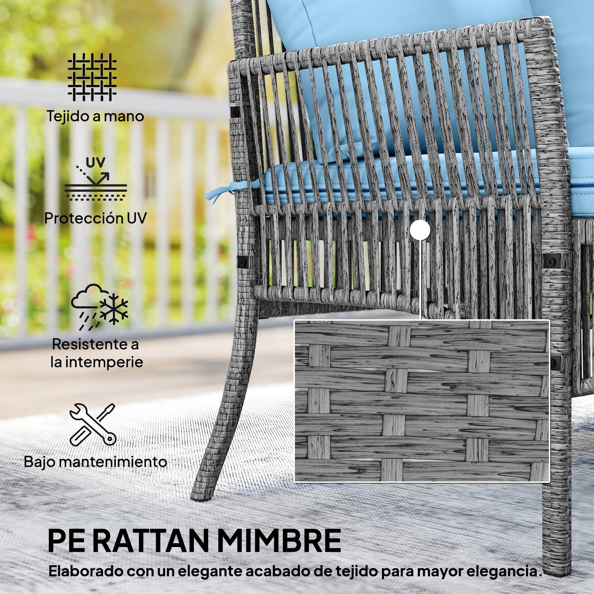 Outsunny Conjunto de Jardín de Ratán de 3 Piezas, Muebles Jardín Exterior Incluye 1 Sofá de 2 Plazas, 1 Sofá Esquinera, 1 Mesa de Centro con Tablero de Vidrio Templado, Cojines, Resistente, Azul Claro