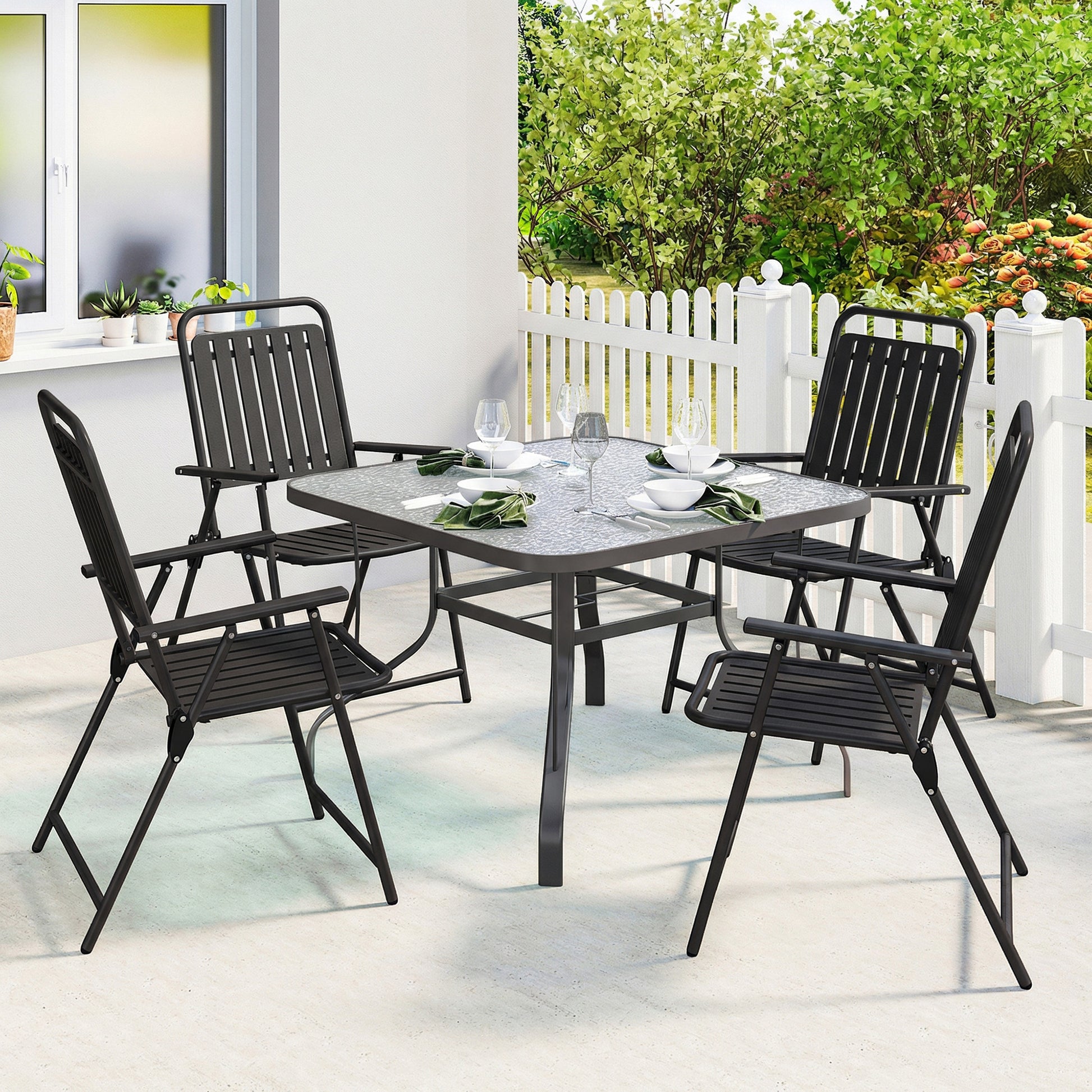 Outsunny Juego de 4 Sillas de Jardín Exterior Plegables, Sillas Terraza Exterior con Reposabrazos, Respaldo y Asiento de PP, Marco Metálico, 55x63x93 cm, Negro