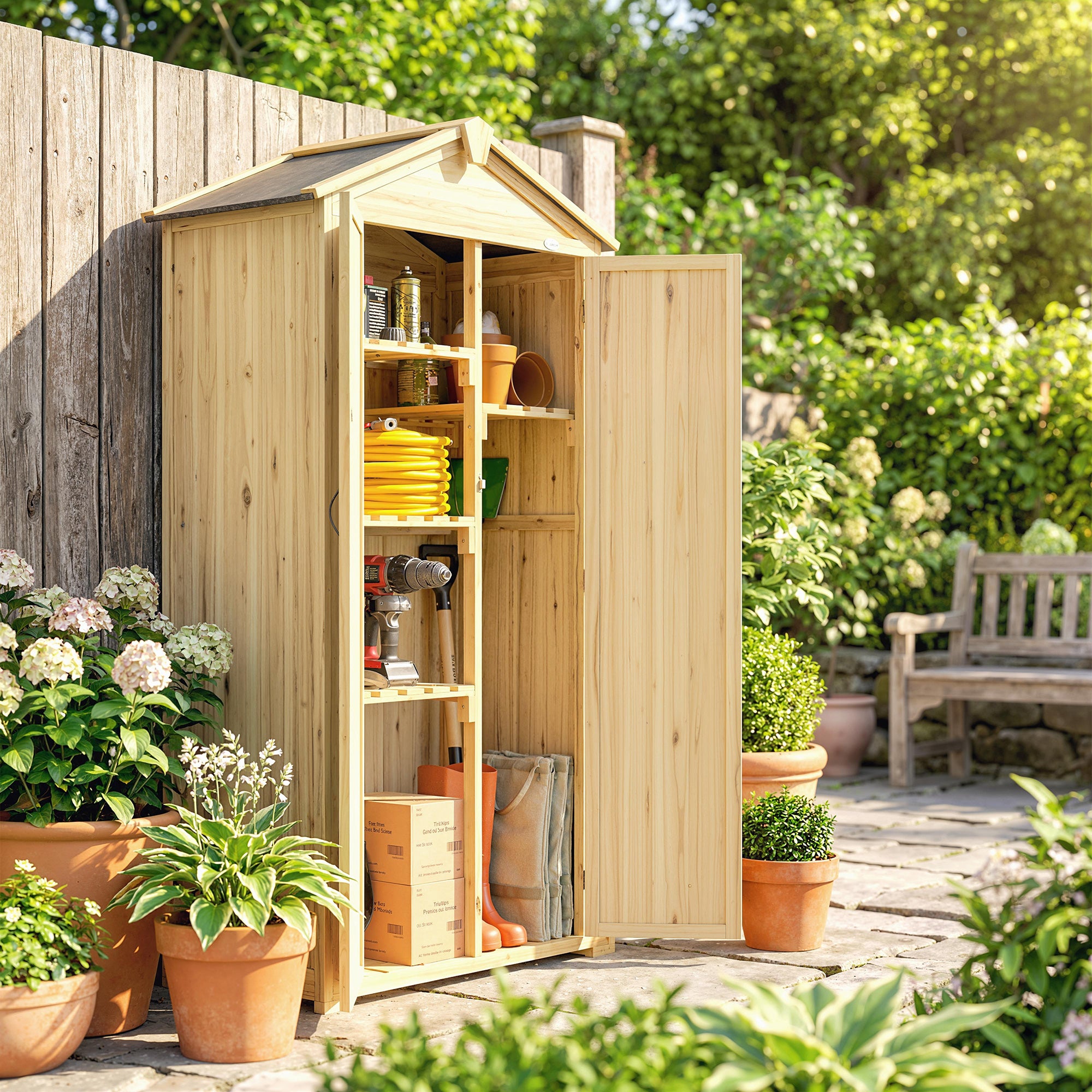 Outsunny Caseta de Jardín de Madera 93x53x168 cm, Cobertizo Jardín Exterior, Armario Exterior para Herramientas con Puertas Bloqueables, 4 Estantes, Techo Asfáltico Inclinado y Ganchos, Madera Natural