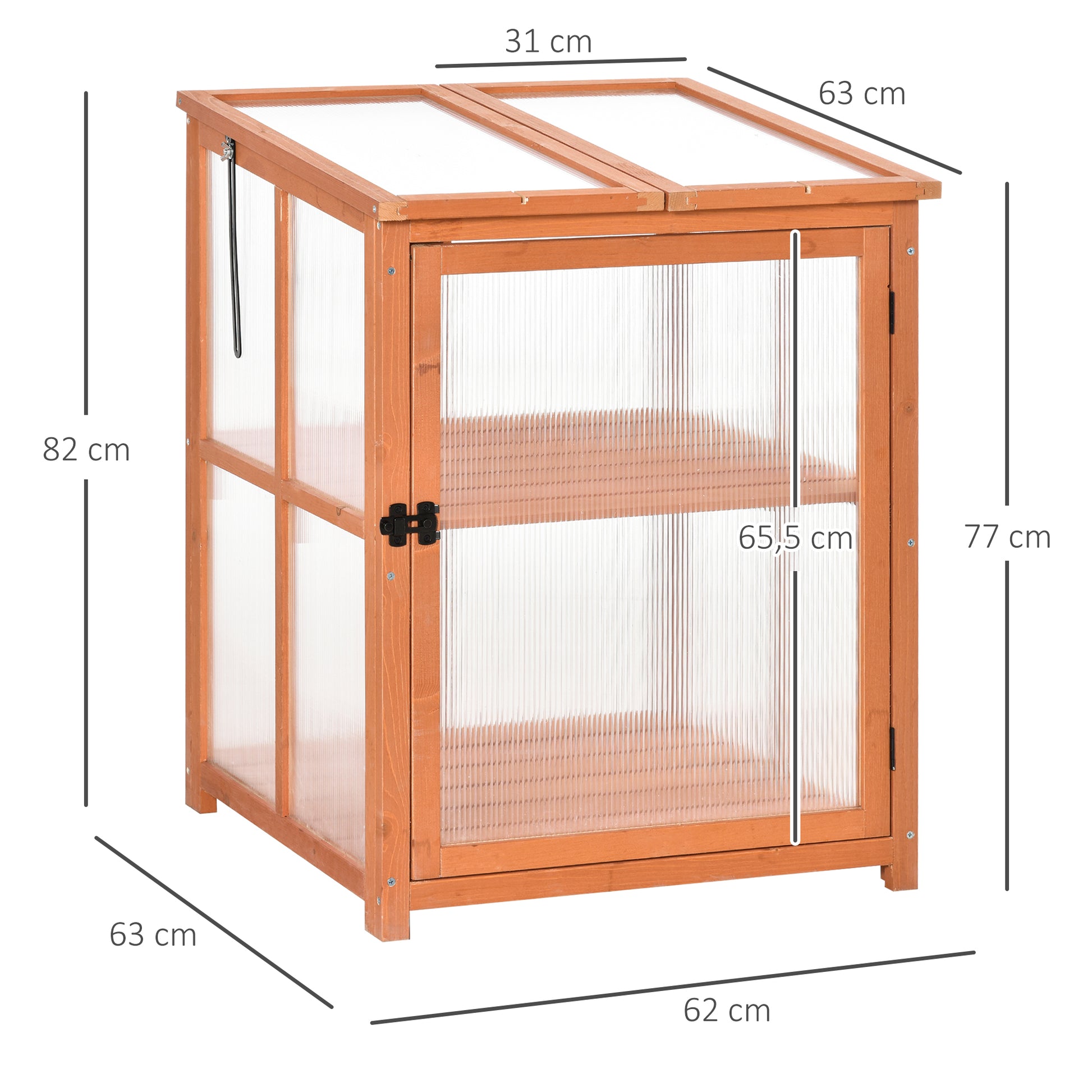 Outsunny Mini Invernadero de Jardín Invernadero de Madera y Paneles de Policarbonato Vivero Casero con 2 Estantes Tapas y Puerta para Plantas Huerto Jardinería 62x63x82 cm Madera Natural