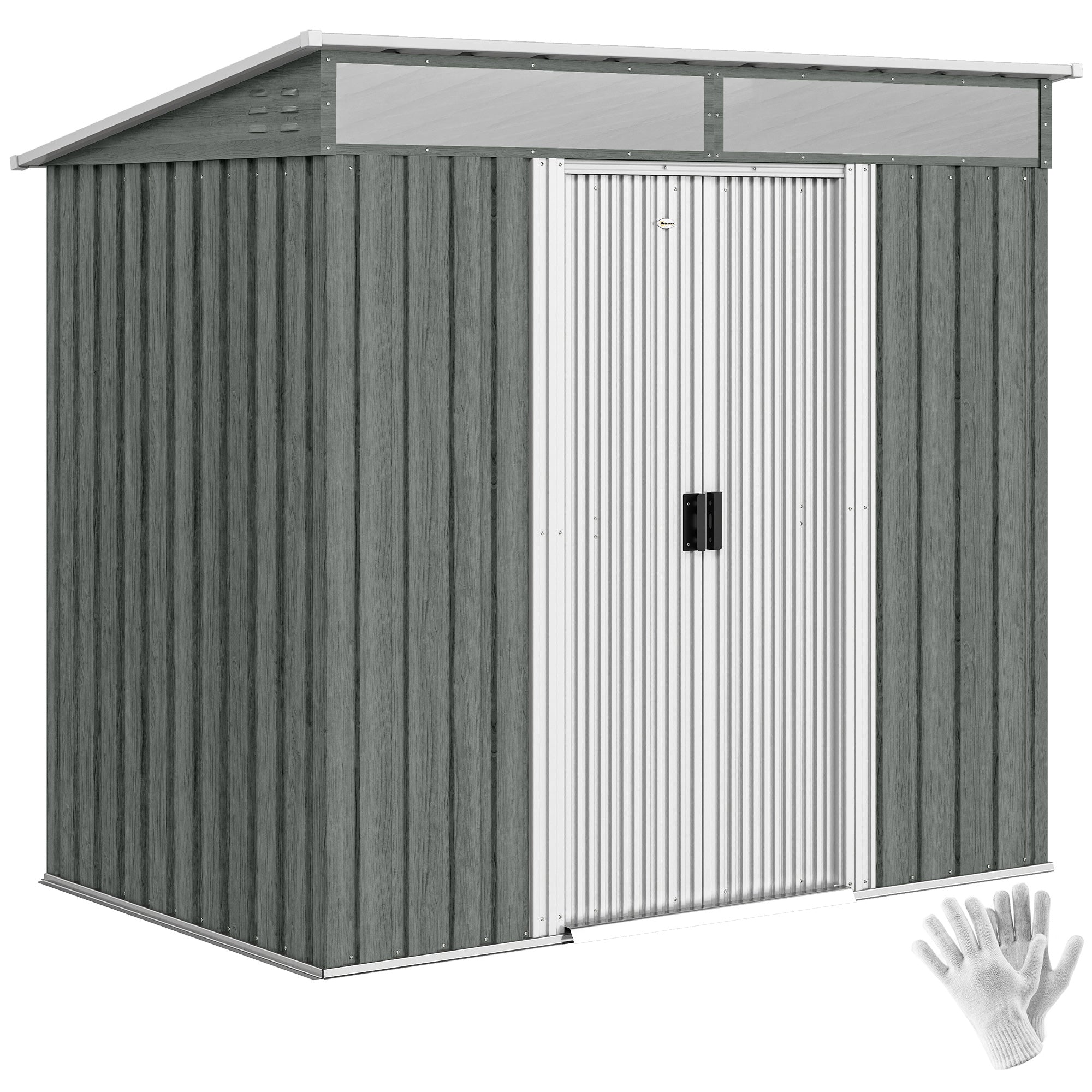 Outsunny Caseta de Jardín Exterior 2 m² 195x122x181,5 cm Cobertizo de Jardín Exterior Metálica con Base SIN SUELO 2 Puertas Correderas Ventanas y Ganchos para Herramientas Gris Claro
