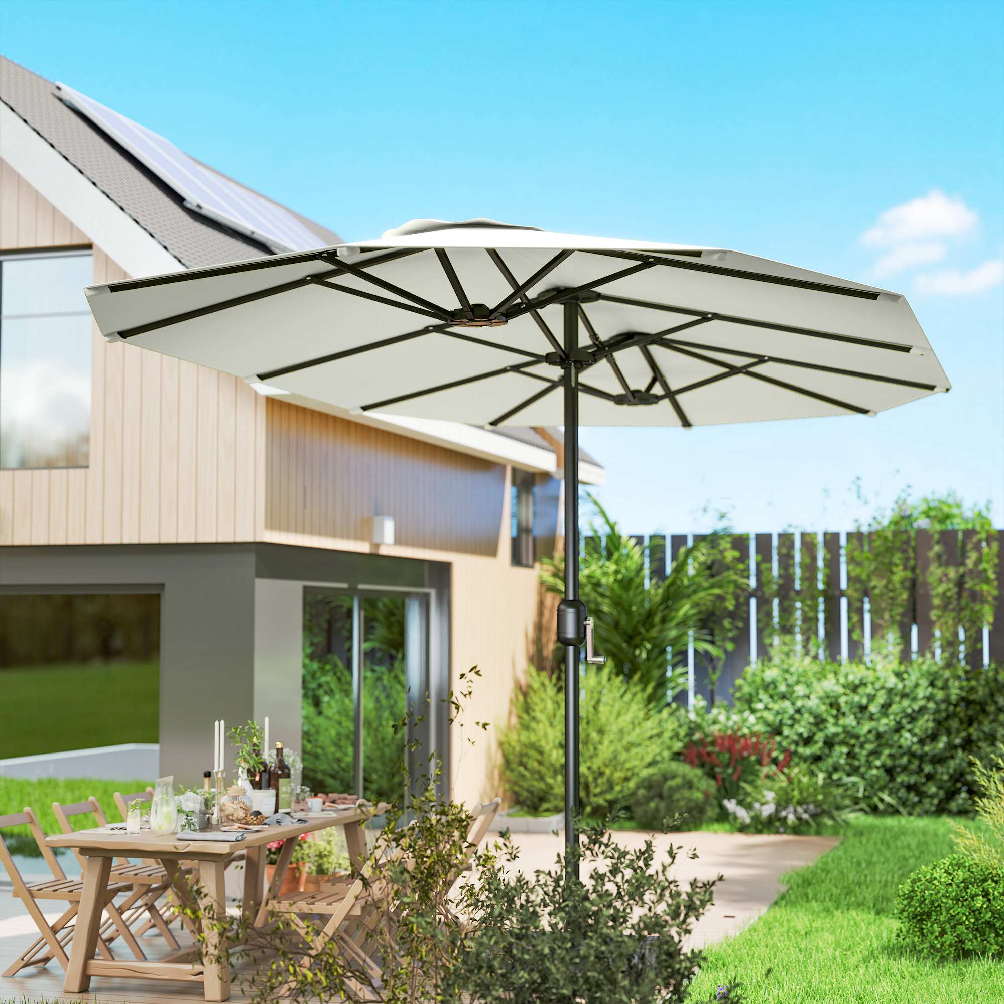 Outsunny Sombrilla Doble 4,6x2,6 m, Sombrilla Terraza Exterior con Manivela Manual, Protección UV50+, Funda Protectora, Resistente al Agua, Parasol para Jardín, Terraza, Patio, Blanco Crema