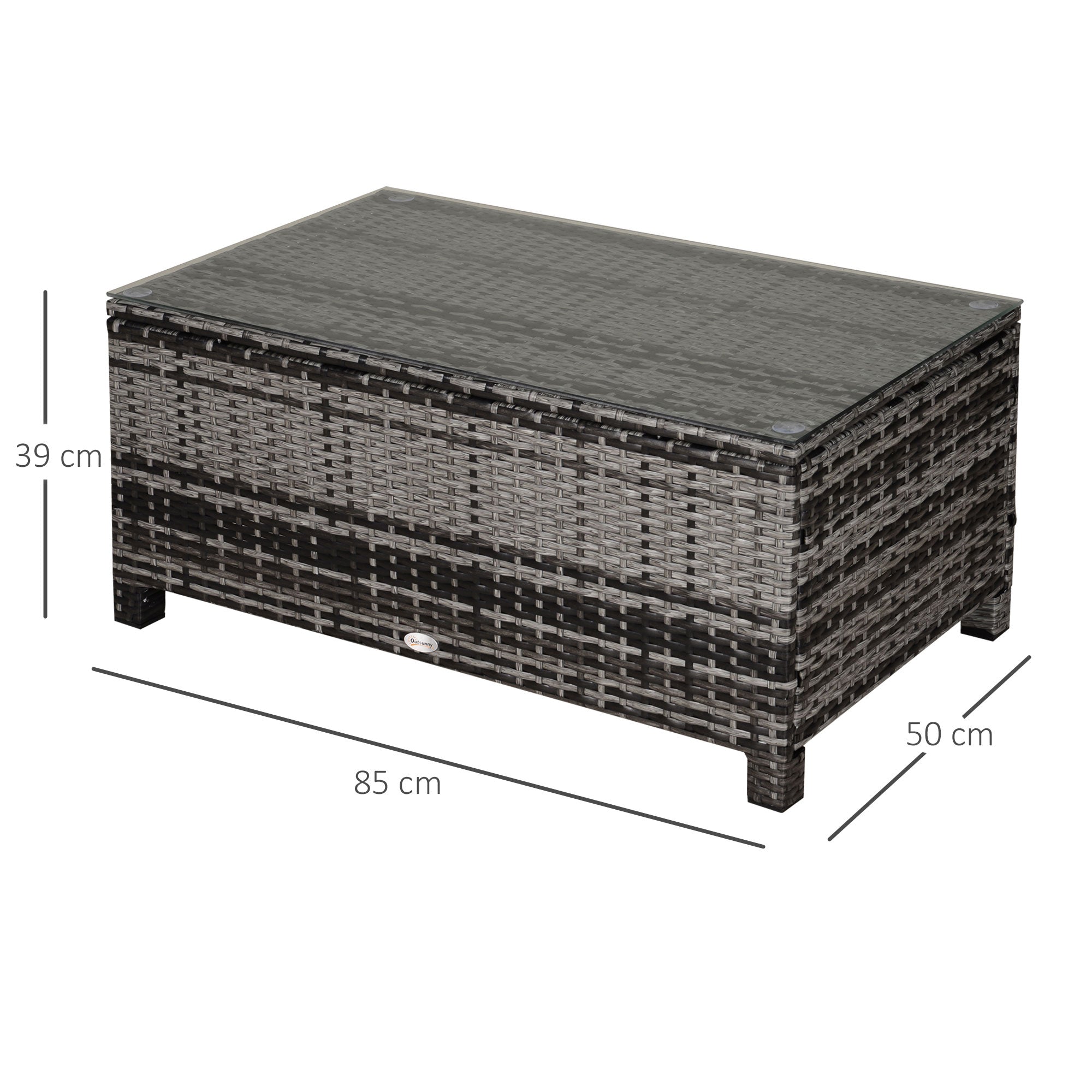 Outsunny Mesa de Jardín de Ratán Sintético Mesita Auxiliar con Vidrio Templado para Terraza Patio Balcón 85x50x39 cm Gris