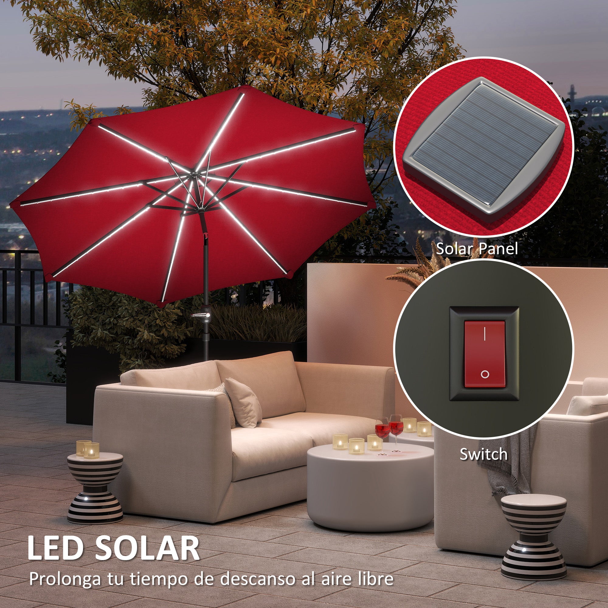 Outsunny Sombrilla Terraza Exterior con Luces LED Solares Ø292x252 cm Sombrilla de Jardín con Inclinación Ajustable hasta 45° Impermeable y Manivela Parasol para Patio Piscina sin Base Burdeos