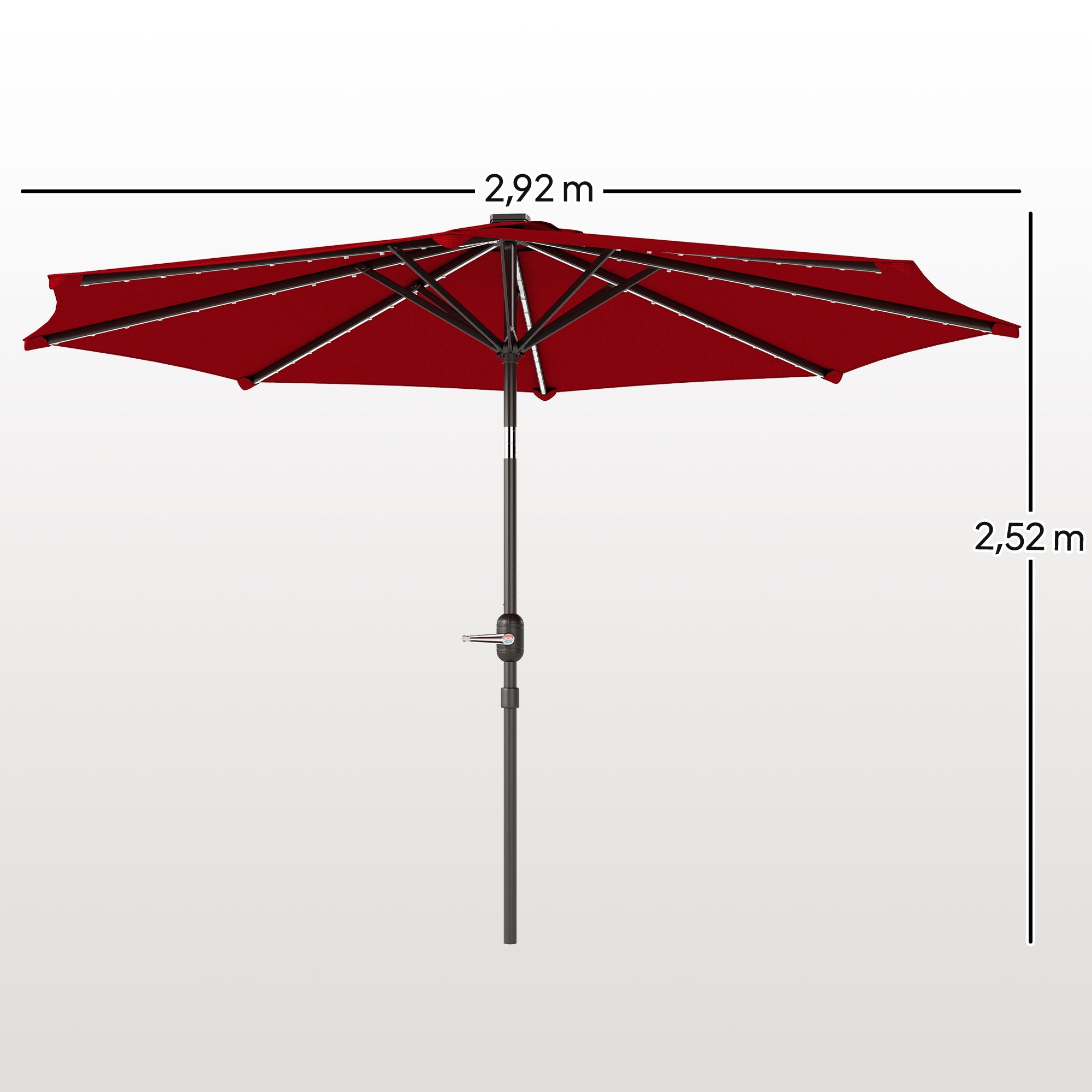 Outsunny Sombrilla Terraza Exterior con Luces LED Solares Ø292x252 cm Sombrilla de Jardín con Inclinación Ajustable hasta 45° Impermeable y Manivela Parasol para Patio Piscina sin Base Burdeos
