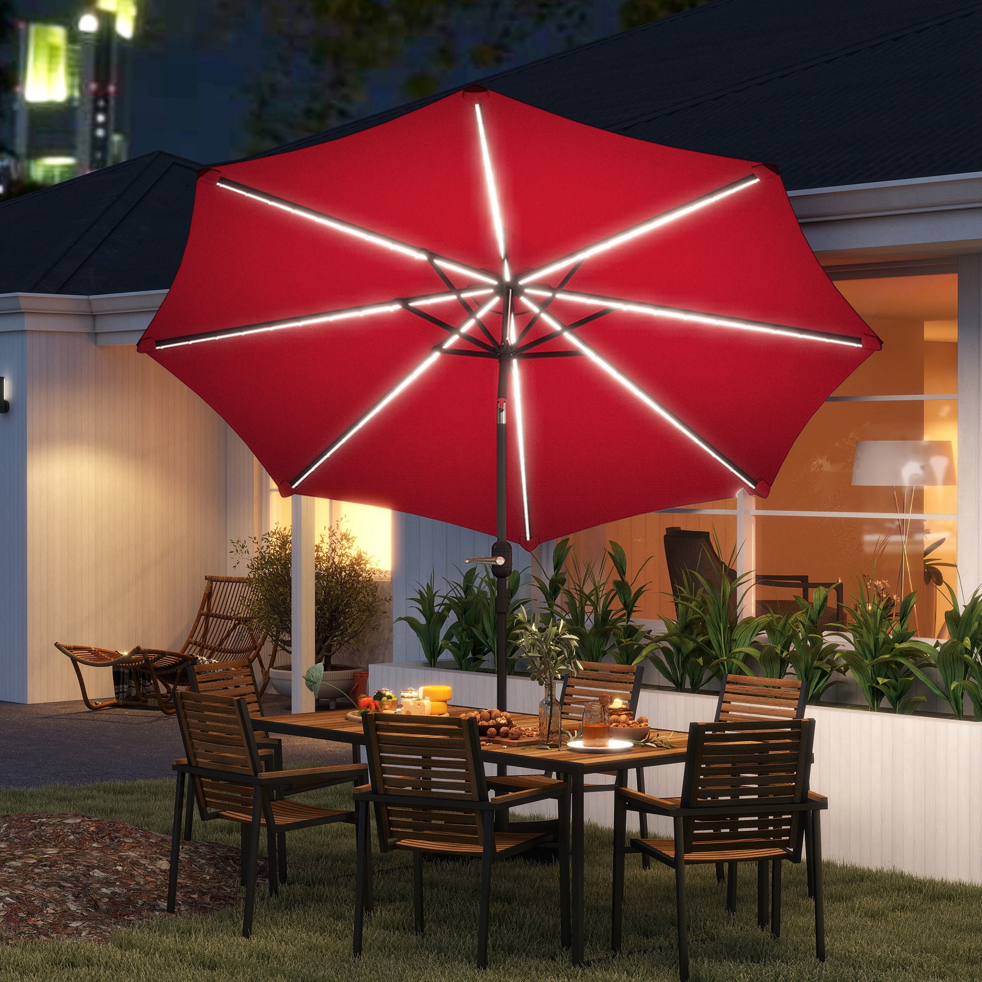 Outsunny Sombrilla Terraza Exterior con Luces LED Solares Ø292x252 cm Sombrilla de Jardín con Inclinación Ajustable hasta 45° Impermeable y Manivela Parasol para Patio Piscina sin Base Burdeos