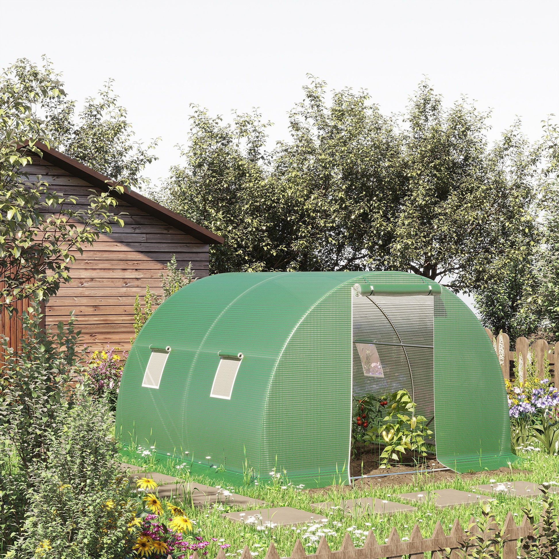 Outsunny Invernadero de Túnel 3x3x2 m, Invernadero de Jardín con Puerta Enrollable, 4 Ventanas de Malla, Cubierta PE 140g/m², Estructura de Acero Galvanizado, para Cultivos, Plantas, Flores, Verde
