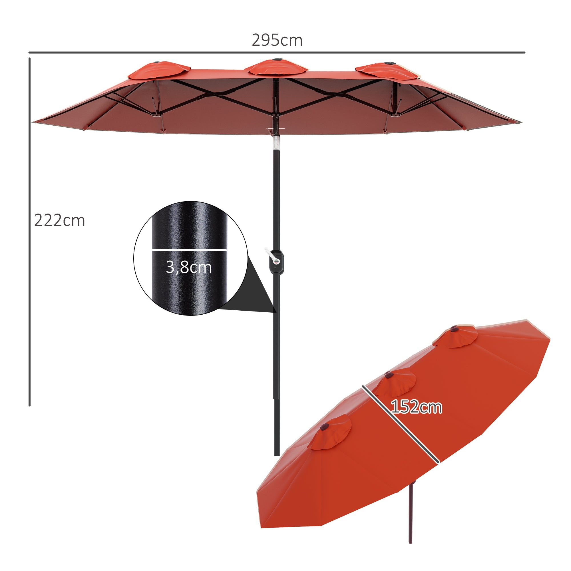 Outsunny Sombrilla Doble 2,95x1,52 m, Sombrilla Terraza Exterior con Inclinación 45°, Manivela Manual, Orificios de Ventilación, Impermeable, Parasol para Jardín, Terraza, Patio y Piscina, Rojo Vino