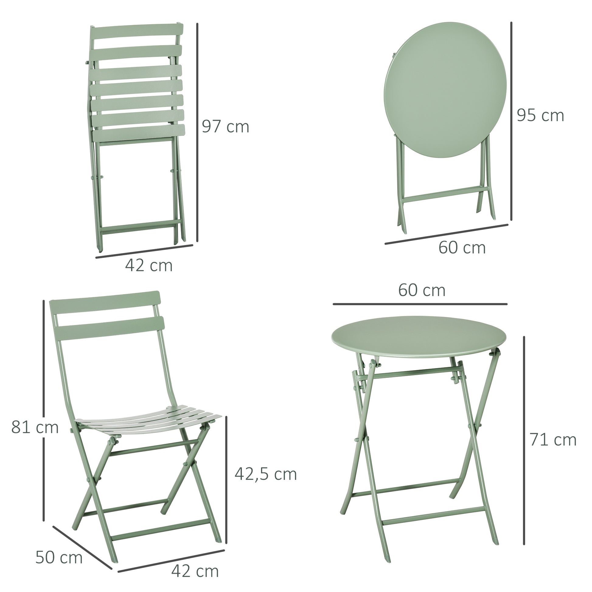 Outsunny Conjunto de Muebles de Jardín Plegable Juego de 1 Mesa Redondo y 2 Sillas de Terraza con Marco de Acero y Respaldo para Balcón Patio Verde Oscuro