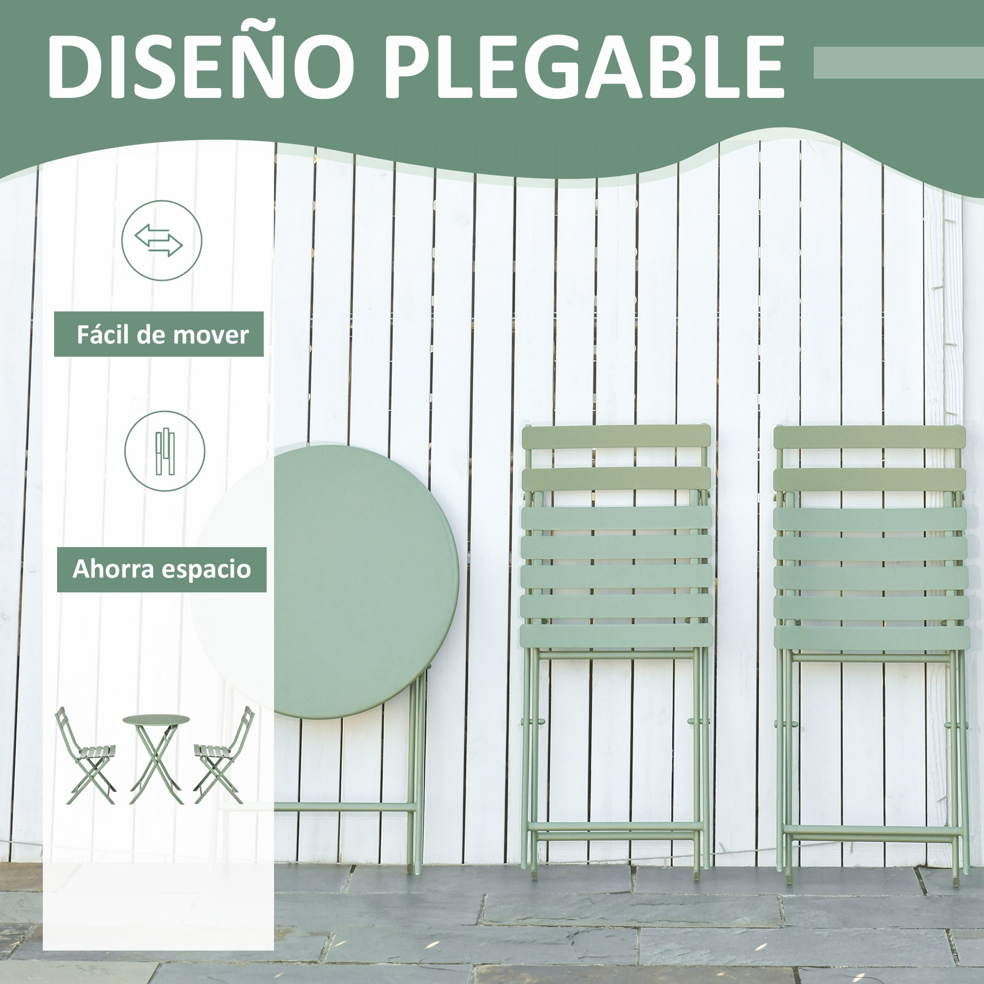 Outsunny Conjunto de Muebles de Jardín Plegable Juego de 1 Mesa Redondo y 2 Sillas de Terraza con Marco de Acero y Respaldo para Balcón Patio Verde Oscuro