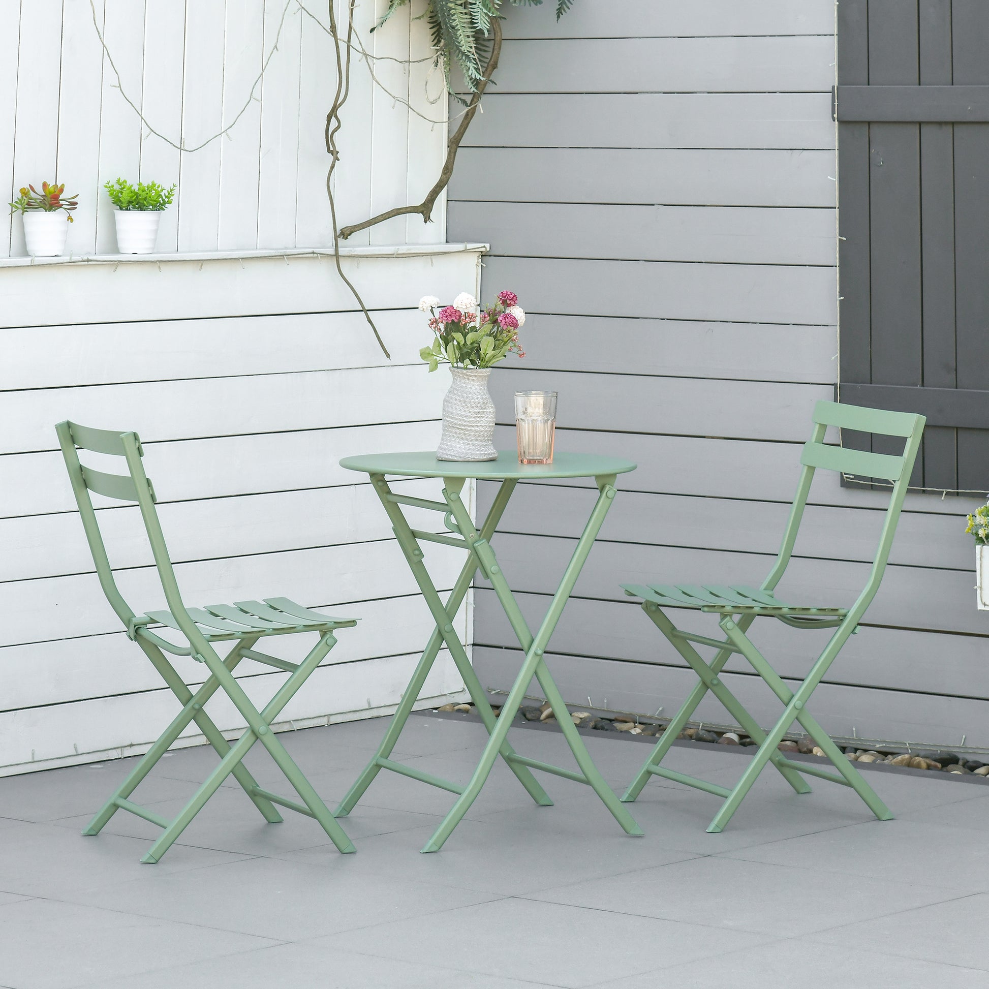 Outsunny Conjunto de Muebles de Jardín Plegable Juego de 1 Mesa Redondo y 2 Sillas de Terraza con Marco de Acero y Respaldo para Balcón Patio Verde Oscuro