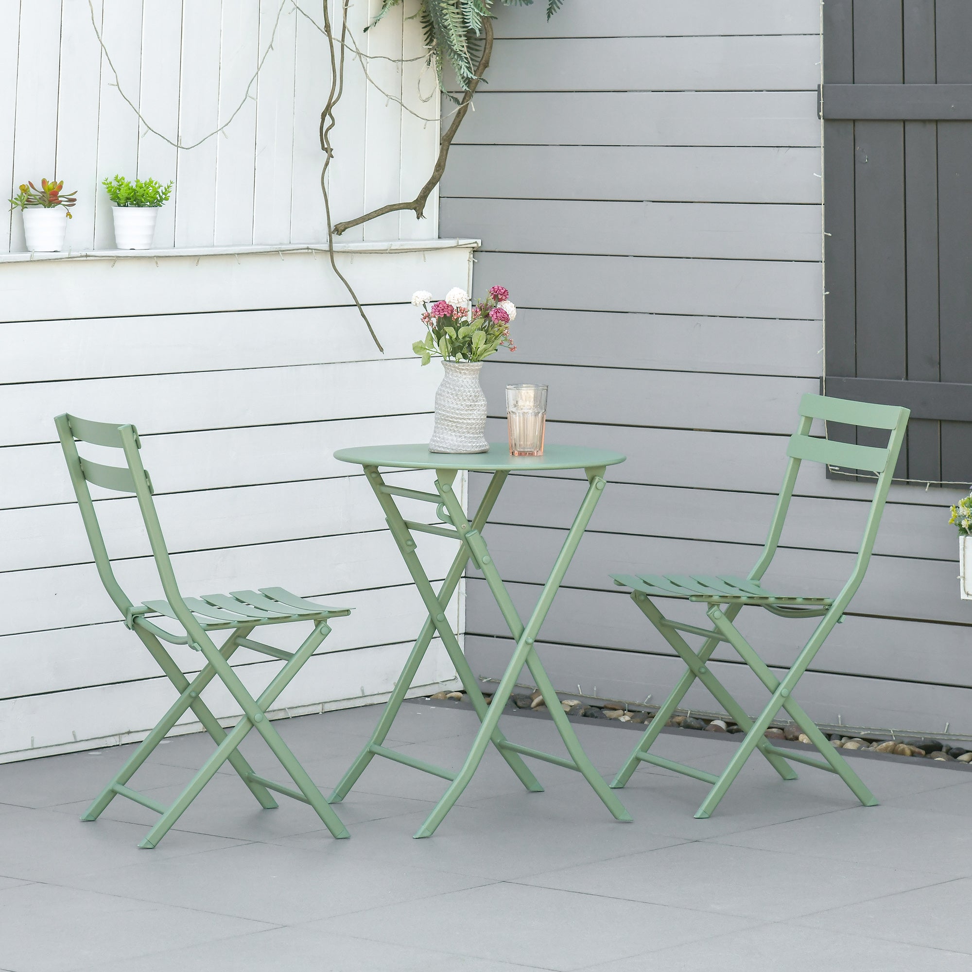 Outsunny Conjunto de Muebles de Jardín Plegable Juego de 1 Mesa Redondo y 2 Sillas de Terraza con Marco de Acero y Respaldo para Balcón Patio Verde Oscuro