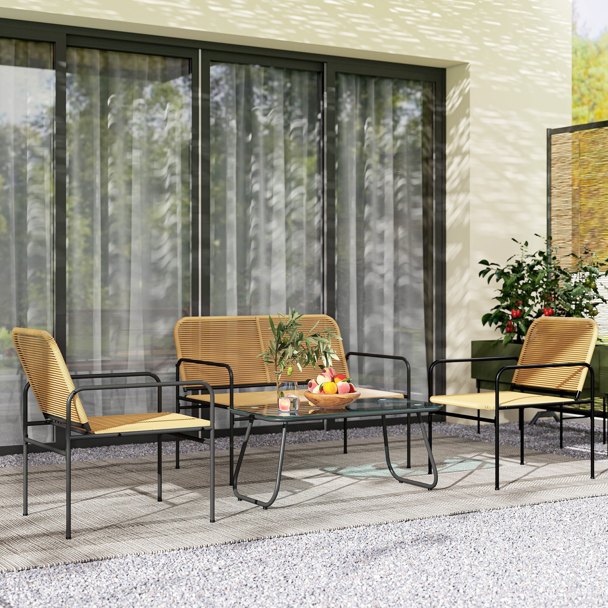 Outsunny Conjunto Jardín Exterior de Ratán Conjunto Terraza Resistente a la Intemperie Muebles Jardín Exterior con 2 Sillones Sofá de 2 Plazas y Mesa de Tablero de Vidrio Templado Natural
