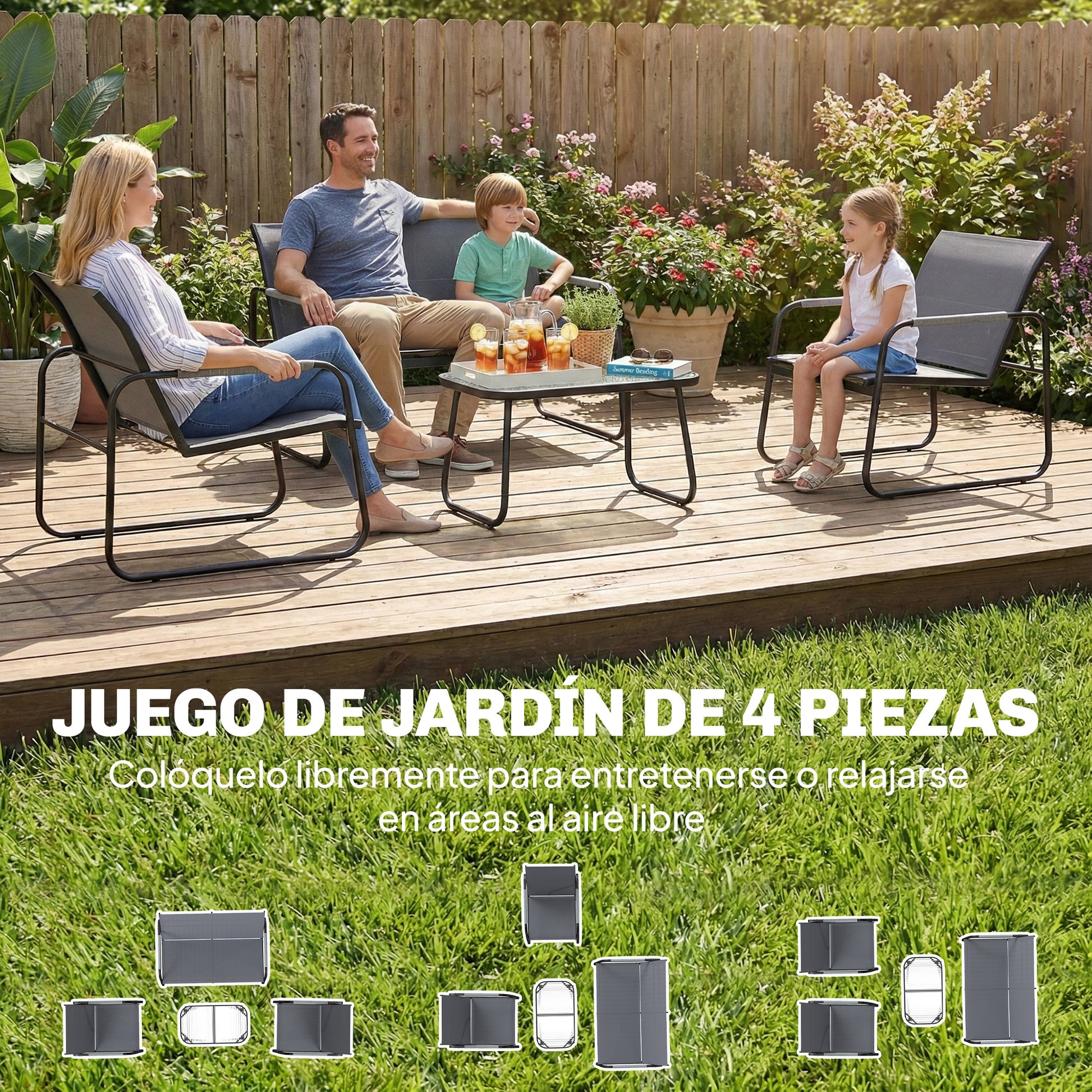 Outsunny Conjunto de Jardín Exterior de 4 Piezas, Muebles Jardín Exterior con 1 Sofá de 2 Plazas, 2 Sillones y Mesa de Vidrio Templado, Estructura de Acero y Textilene Transpirable, Gris