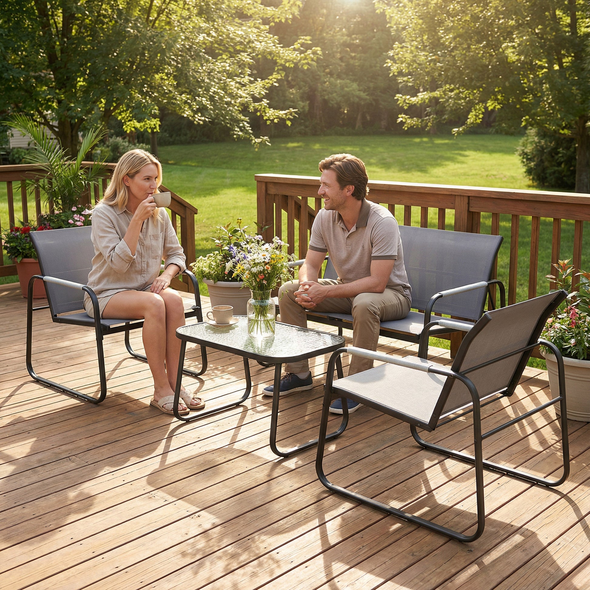 Outsunny Conjunto de Jardín Exterior de 4 Piezas, Muebles Jardín Exterior con 1 Sofá de 2 Plazas, 2 Sillones y Mesa de Vidrio Templado, Estructura de Acero y Textilene Transpirable, Gris
