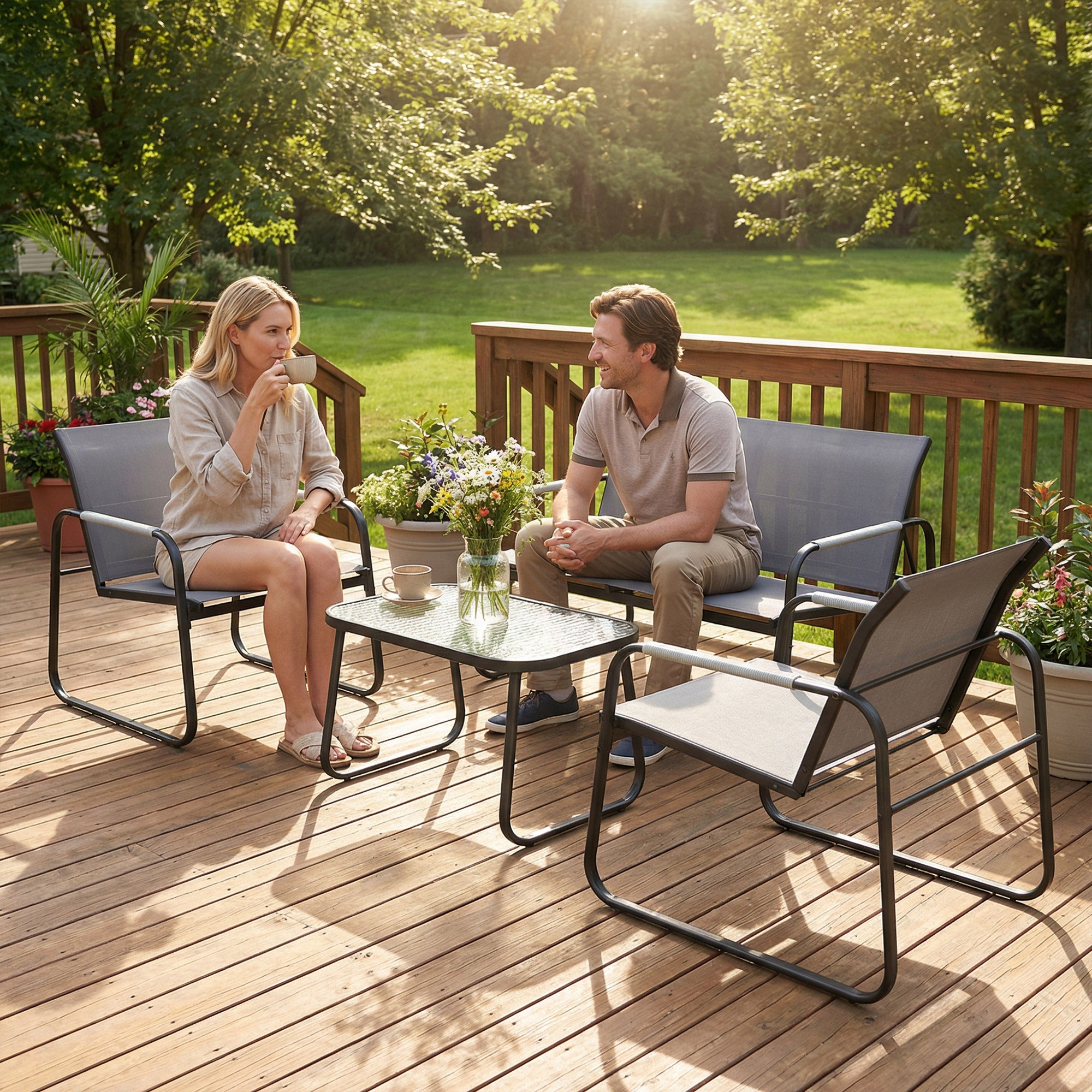 Outsunny Conjunto de Jardín Exterior de 4 Piezas, Muebles Jardín Exterior con 1 Sofá de 2 Plazas, 2 Sillones y Mesa de Vidrio Templado, Estructura de Acero y Textilene Transpirable, Gris