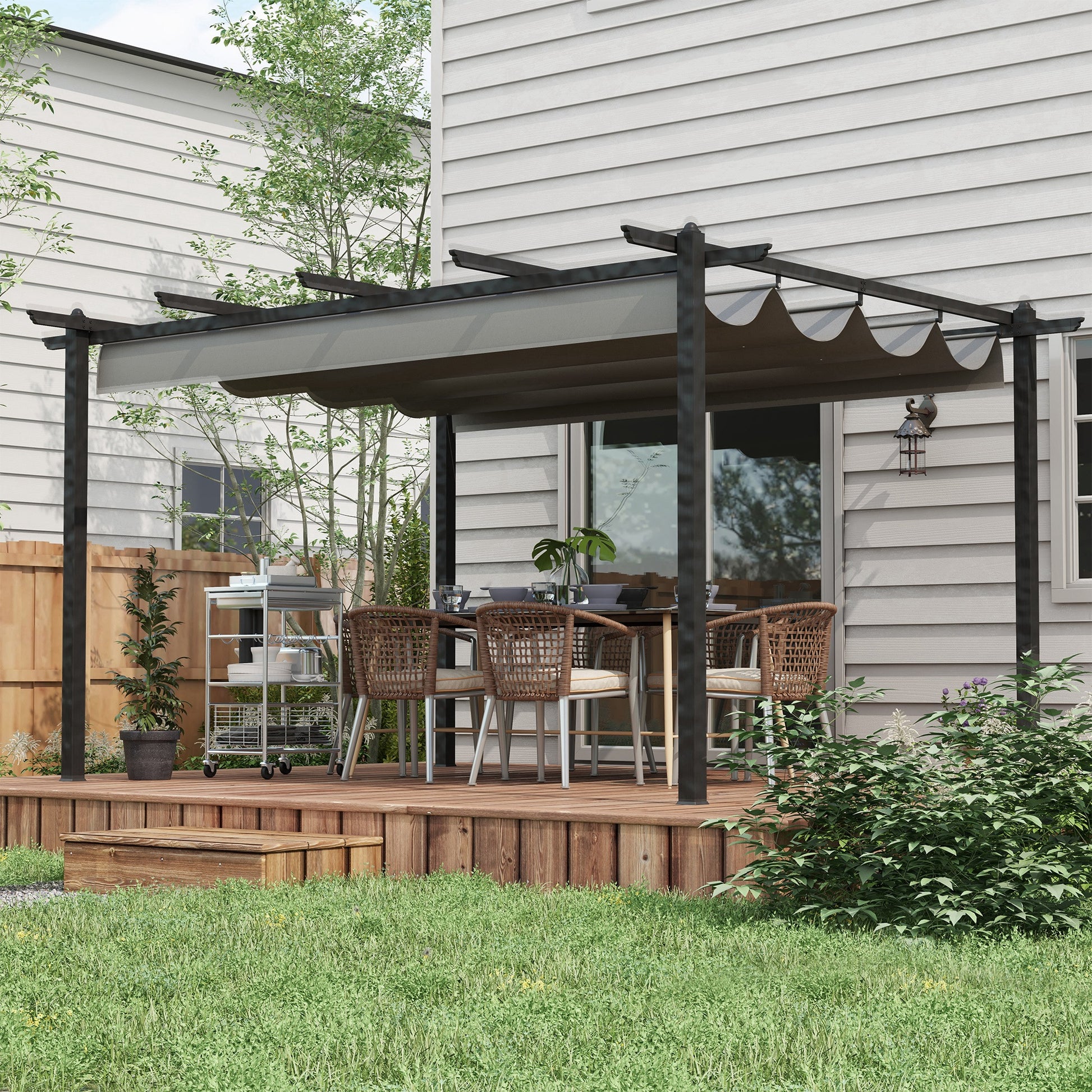 Outsunny Pérgola con Techo Retráctil Pérgola de Aluminio 4x3 m Cenador con Tela de Poliéster Resistente al Agua Pabellón para Jardín Patio Terraza Exterior Gris