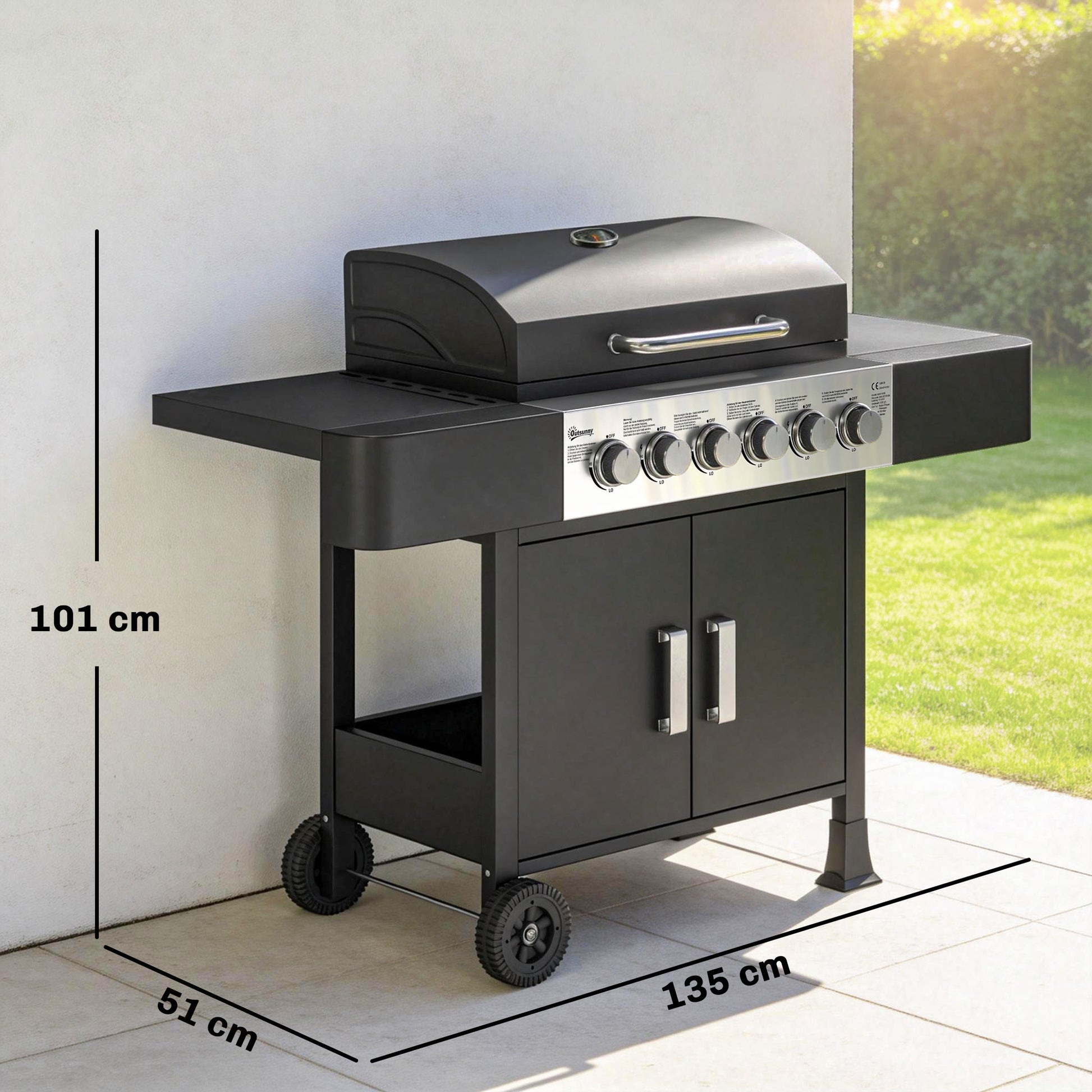 Outsunny Barbacoa de Gas BBQ Gas con 6 Quemadores 15 kW Barbacoa Portátil con Termómetro Tapa 2 Mesas Laterales Armario Rejilla Calentadora Parrilla Recogedor Grasa Asa 2 Ruedas Negro