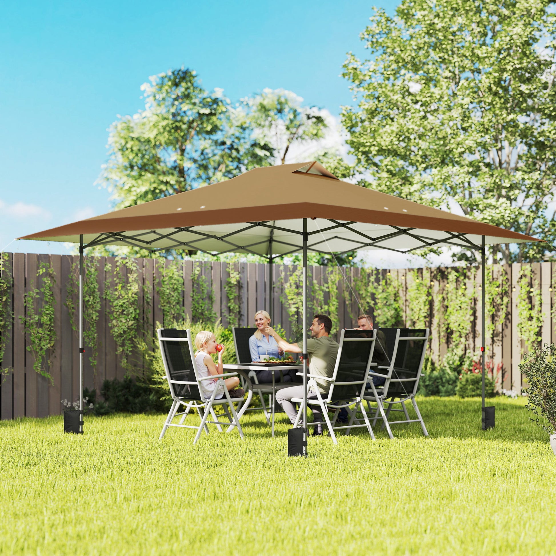 Outsunny Carpa Plegable Pop-up Gazebo 4x4 m, Cenador Plegable con Bloqueo Central, UPF50+, Altura Ajustable, 4 Bolsas de Arena y Bolsa de Transporte con Ruedas, para Camping, Fiestas, Beige y Café