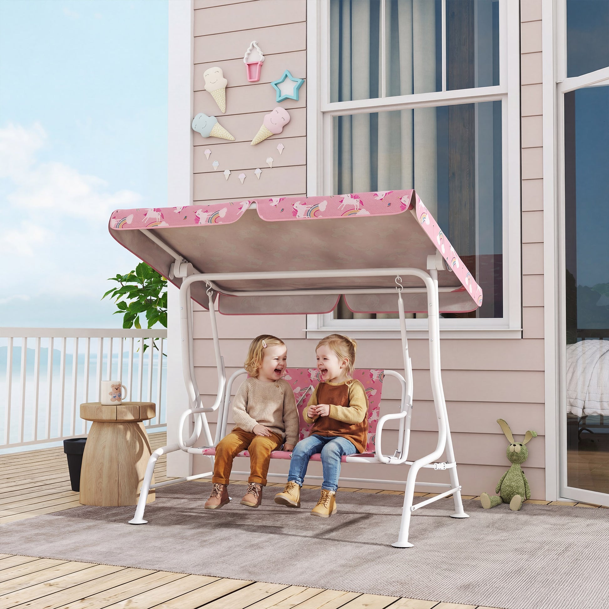 AIYAPLAY Columpio de Jardín Exterior para Niños de 2 Plazas, Balancín de Jardín, Toldo Ajustable, con Cinturones de Seguridad, Diseño de Unicornio y Arcoíris, para Interior, Patio, 112x75x120 cm, Rosa