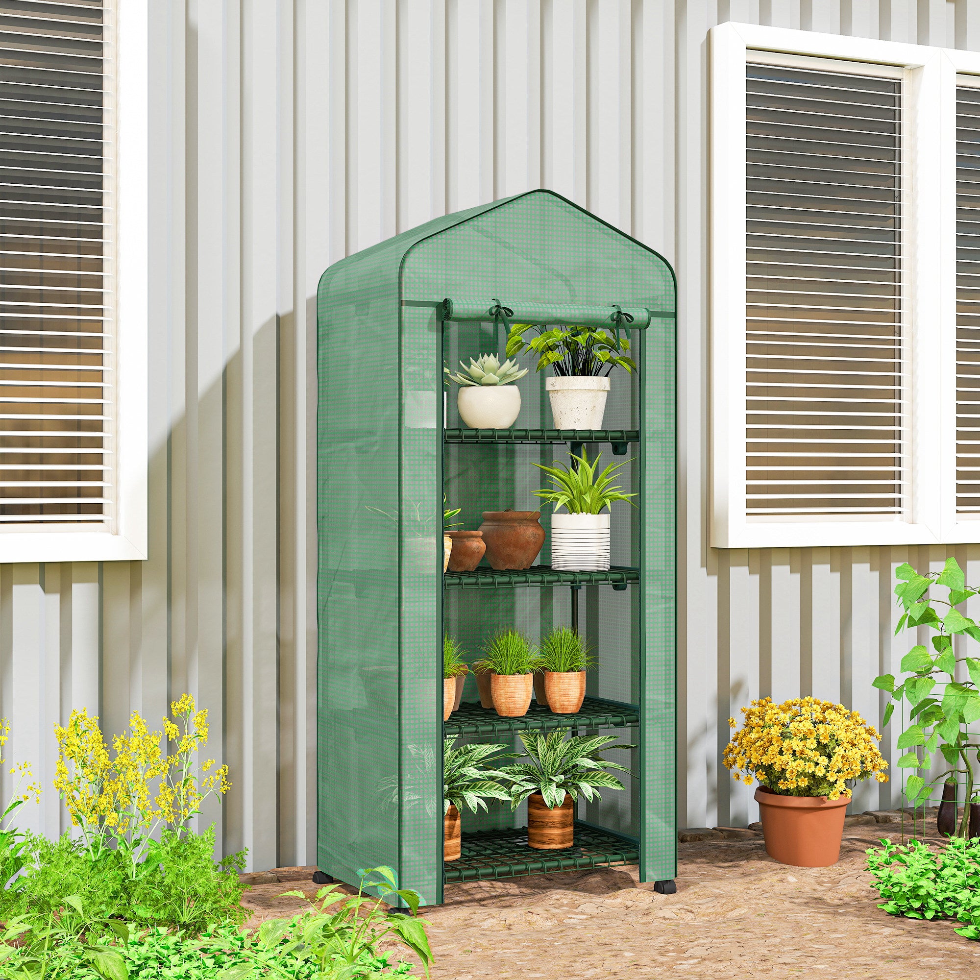 Outsunny Invernadero de Exterior con 4 Estantes y Ruedas, Invernadero de Jardín con Puerta Enrollable, Marco de Acero y Cubierta PE 140g/㎡ Anti-UV, Impermeable para Terraza, Patio, 70x50x165 cm, Verde