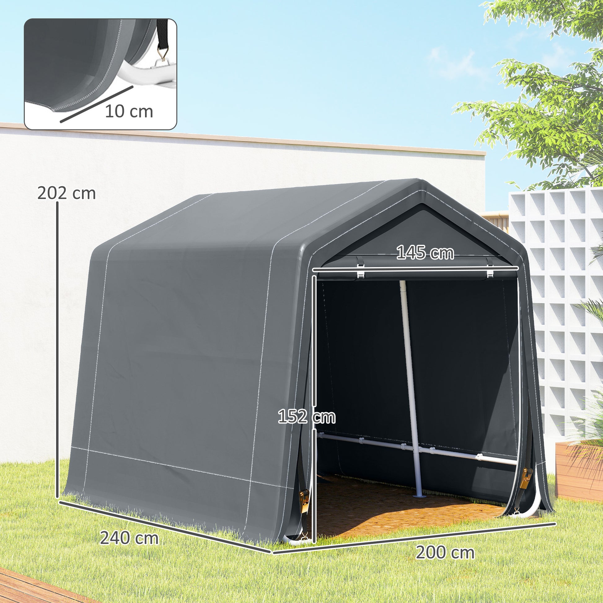 Outsunny Carpa de Jardín Exterior para Herramientas, Bicicletas, 2,4x2x2 m, Cobertizo Exterior con Marco de Metal, 2 Puertas Enrollables con Cremallera, Impermeable, Anti-UV, Garaje Portátil, Gris