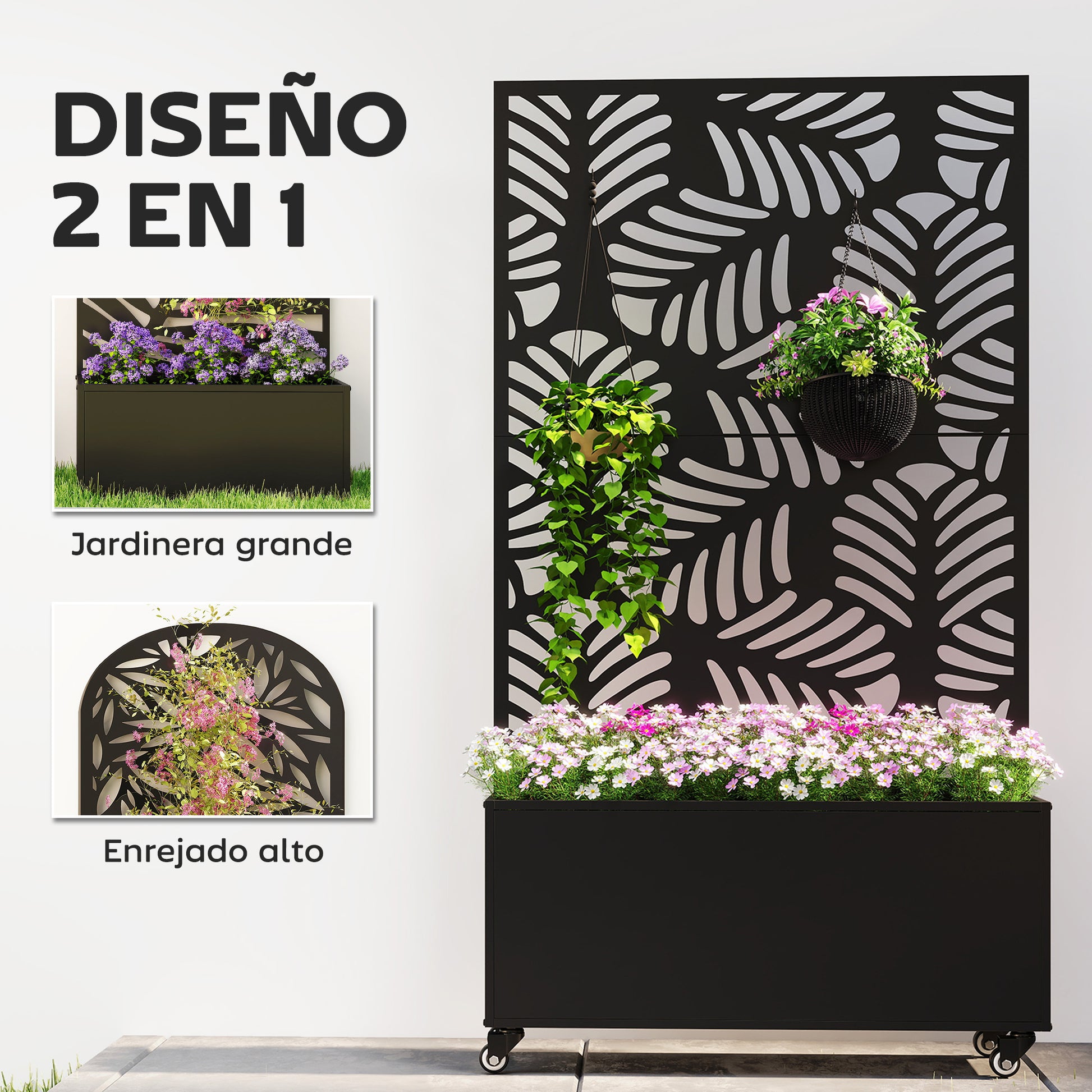 Outsunny Jardinera Exterior Grande de Metal con Ruedas, Jardinera con Pantalla de Privacidad de Hojas de Monstera, Macetero con Enrejado para Plantas Trepadoras, Patio, Terraza, 90x30x160 cm, Negro