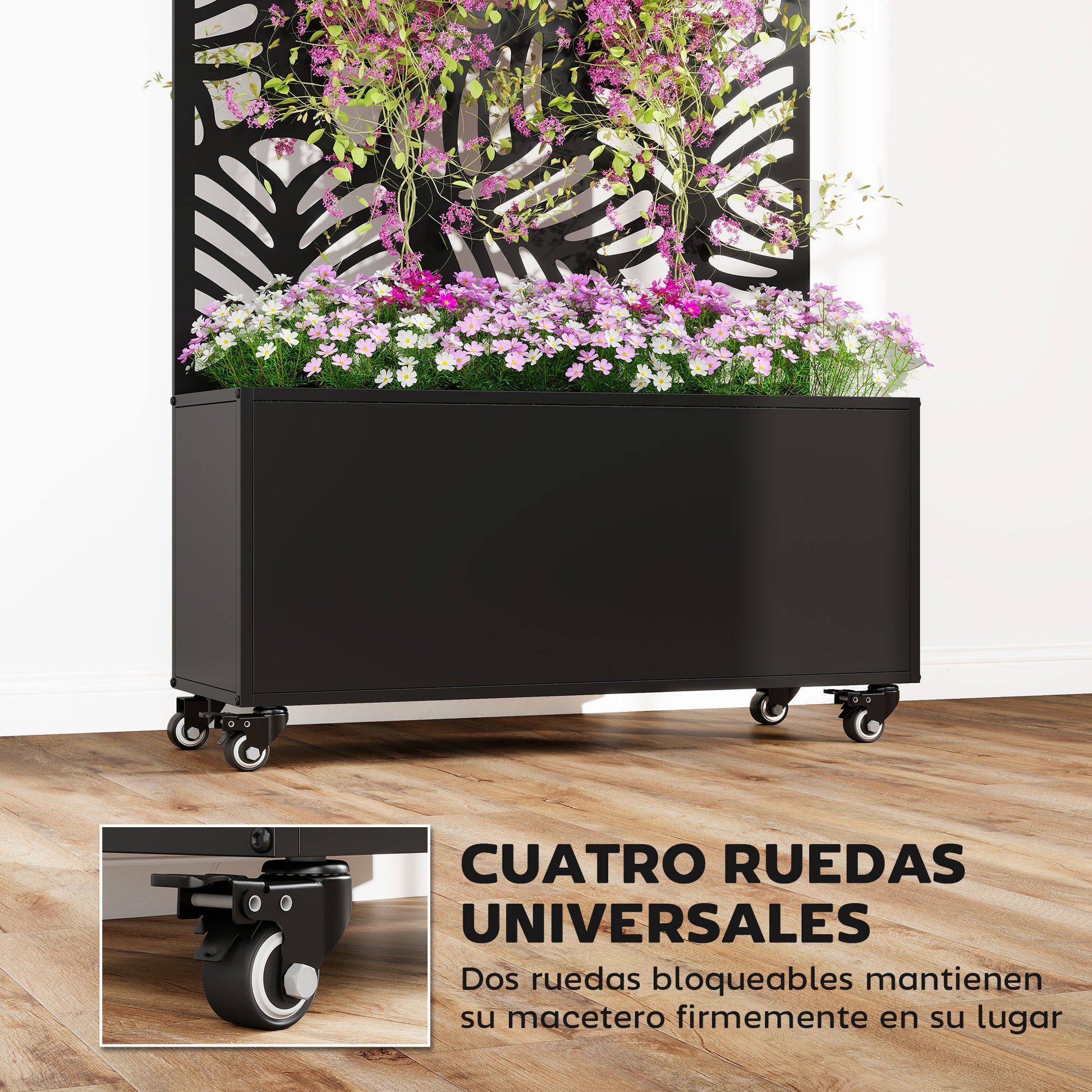 Outsunny Jardinera Exterior Grande de Metal con Ruedas, Jardinera con Pantalla de Privacidad de Hojas de Monstera, Macetero con Enrejado para Plantas Trepadoras, Patio, Terraza, 90x30x160 cm, Negro