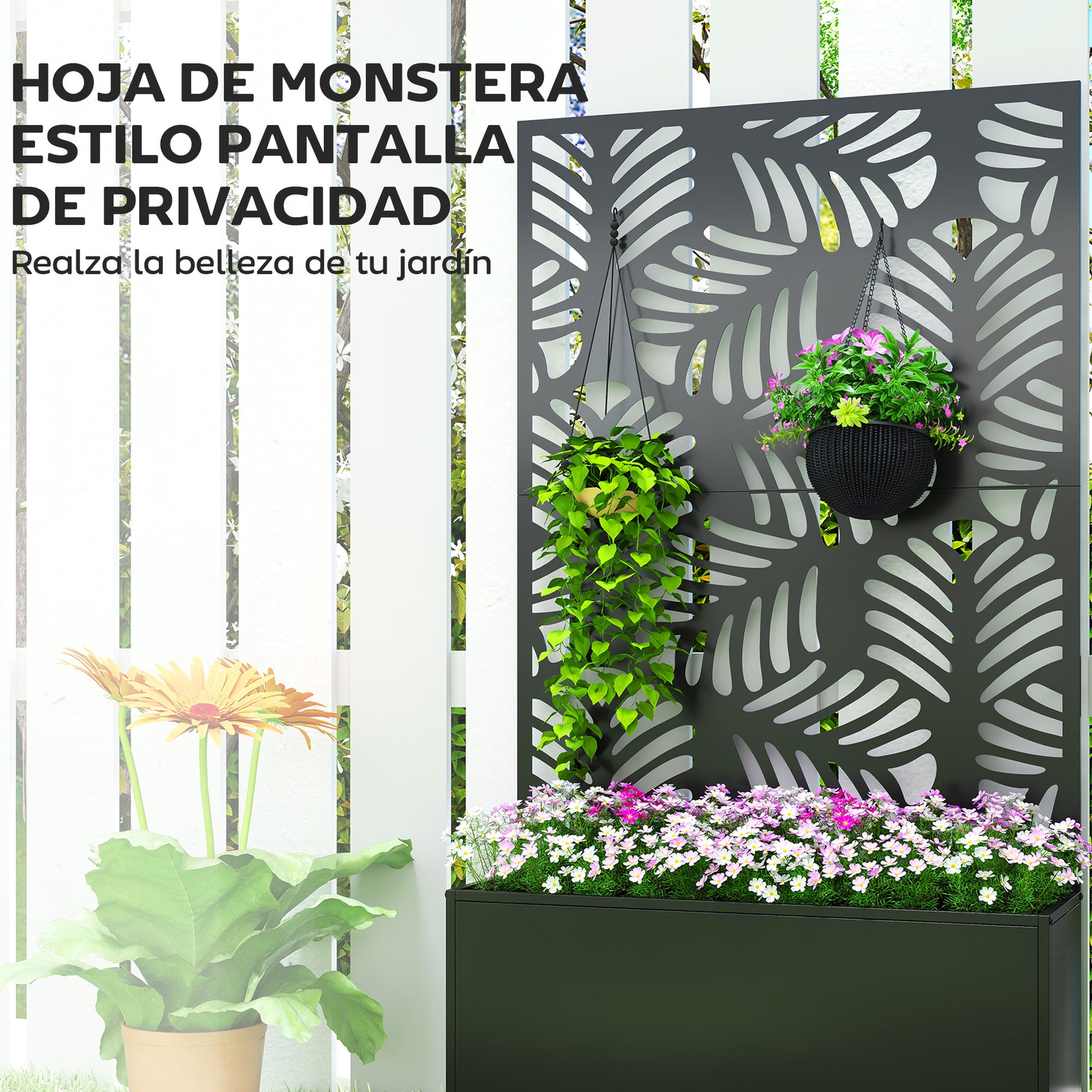 Outsunny Jardinera Exterior Grande de Metal con Ruedas, Jardinera con Pantalla de Privacidad de Hojas de Monstera, Macetero con Enrejado para Plantas Trepadoras, Patio, Terraza, 90x30x160 cm, Negro